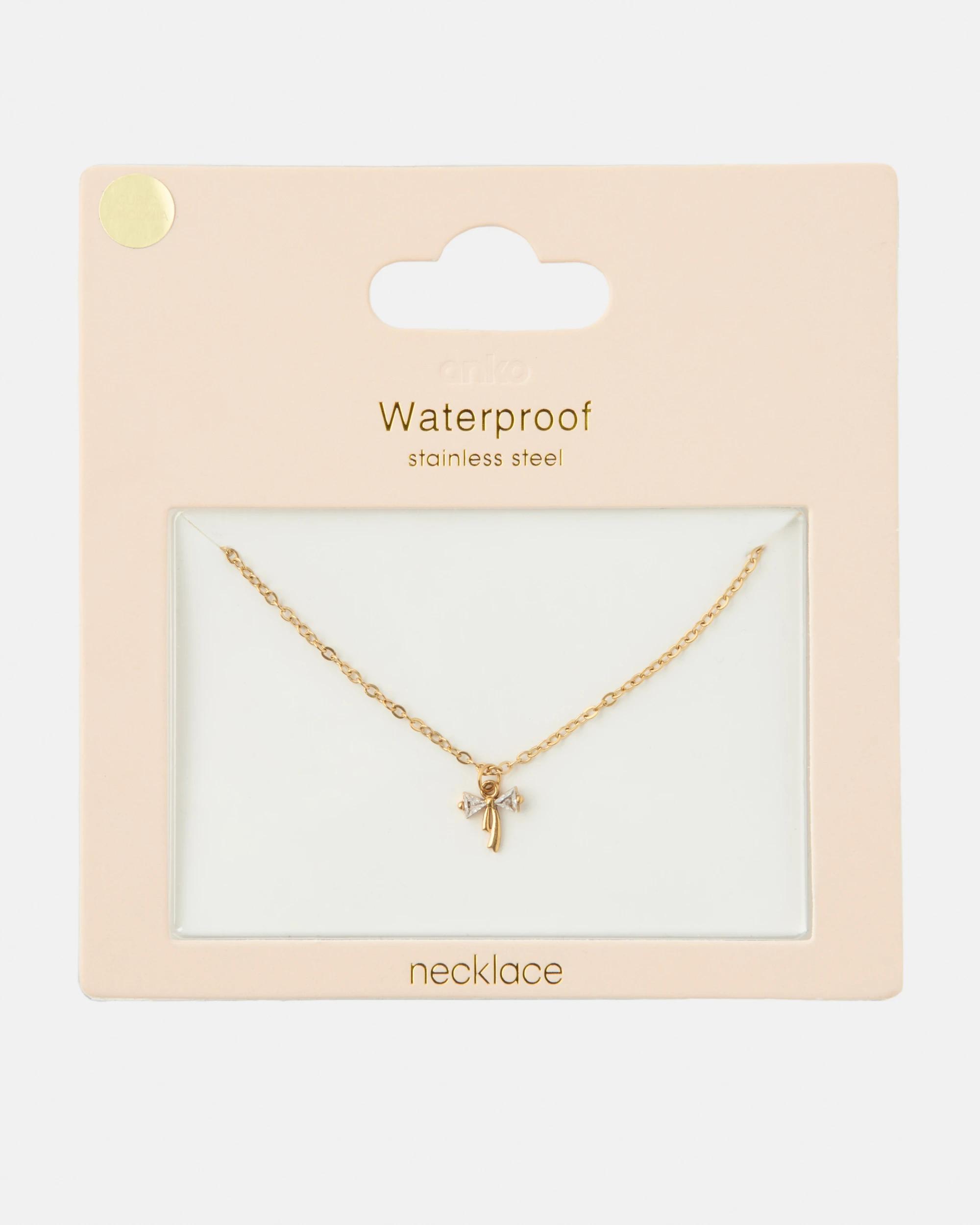 3 Waterproof Stainless Steel Bow Necklace - Gold Tone Gold, 3 of 3