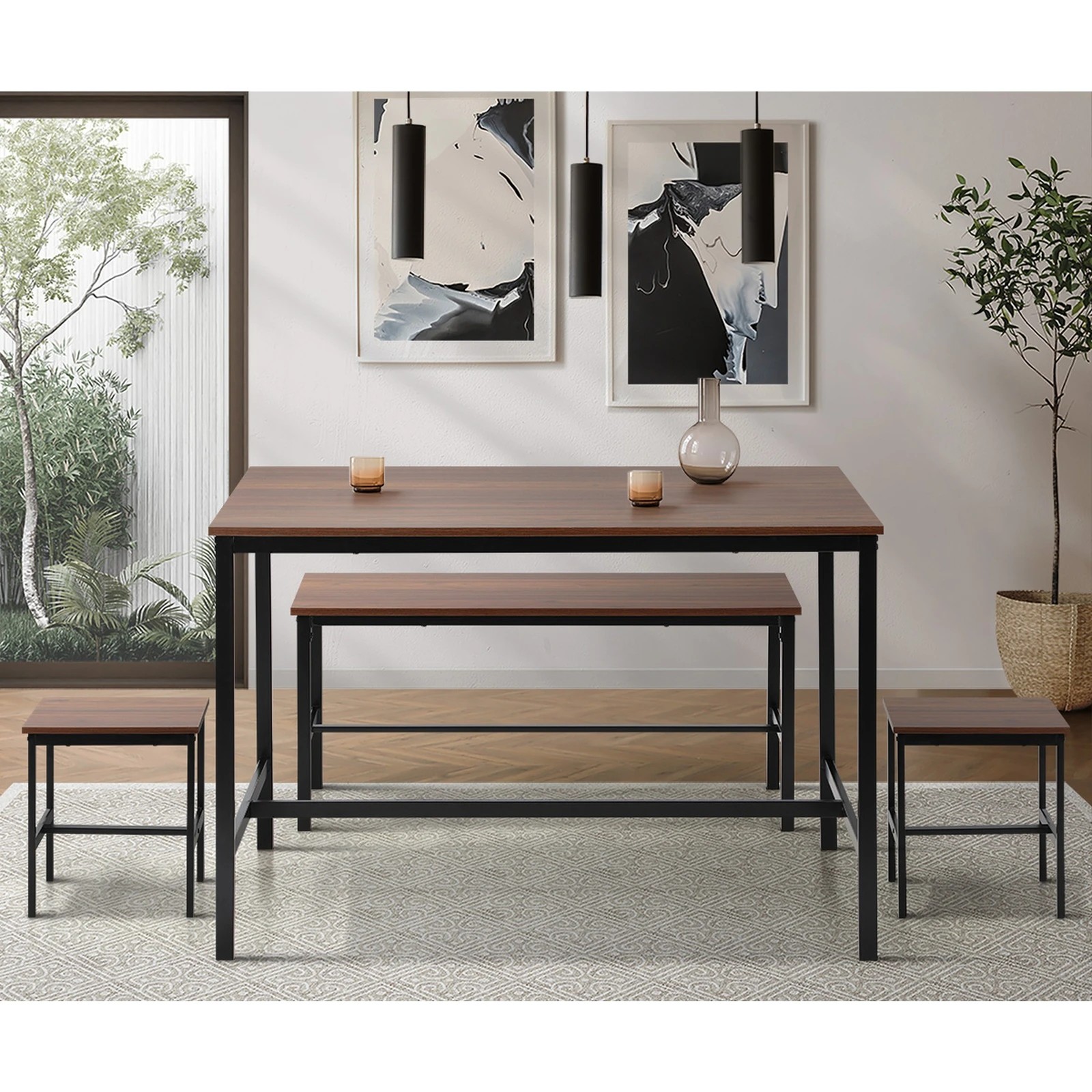 3 Oikiture Industrial Dining Table 4 Seaters With Kitchen Bench Chairs
 - Natural, 3 of 9