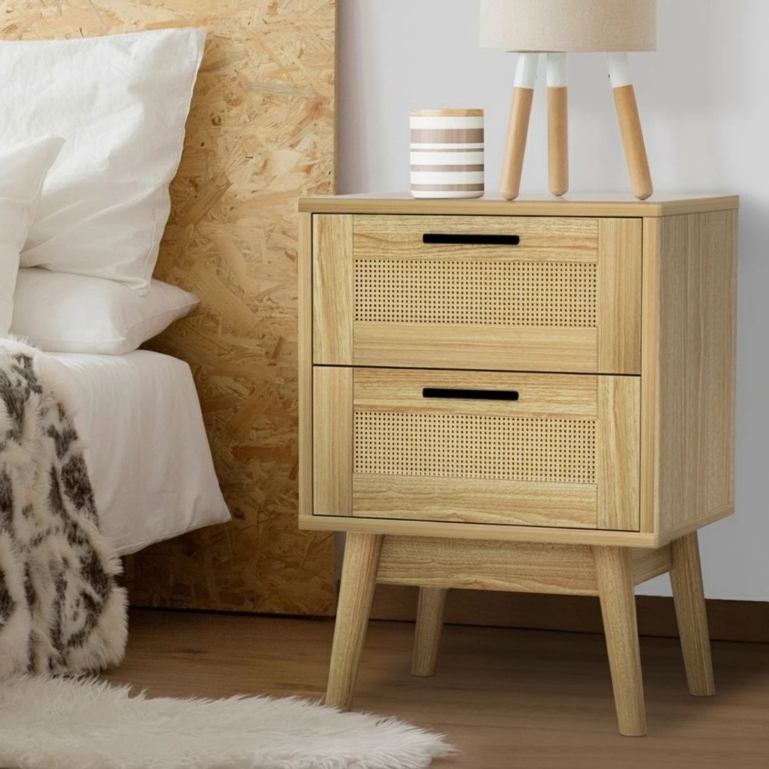 6 Artiss Rattan Bedside Table 2 Drawers Wood - RIE Oak - Natural, 6 of 6