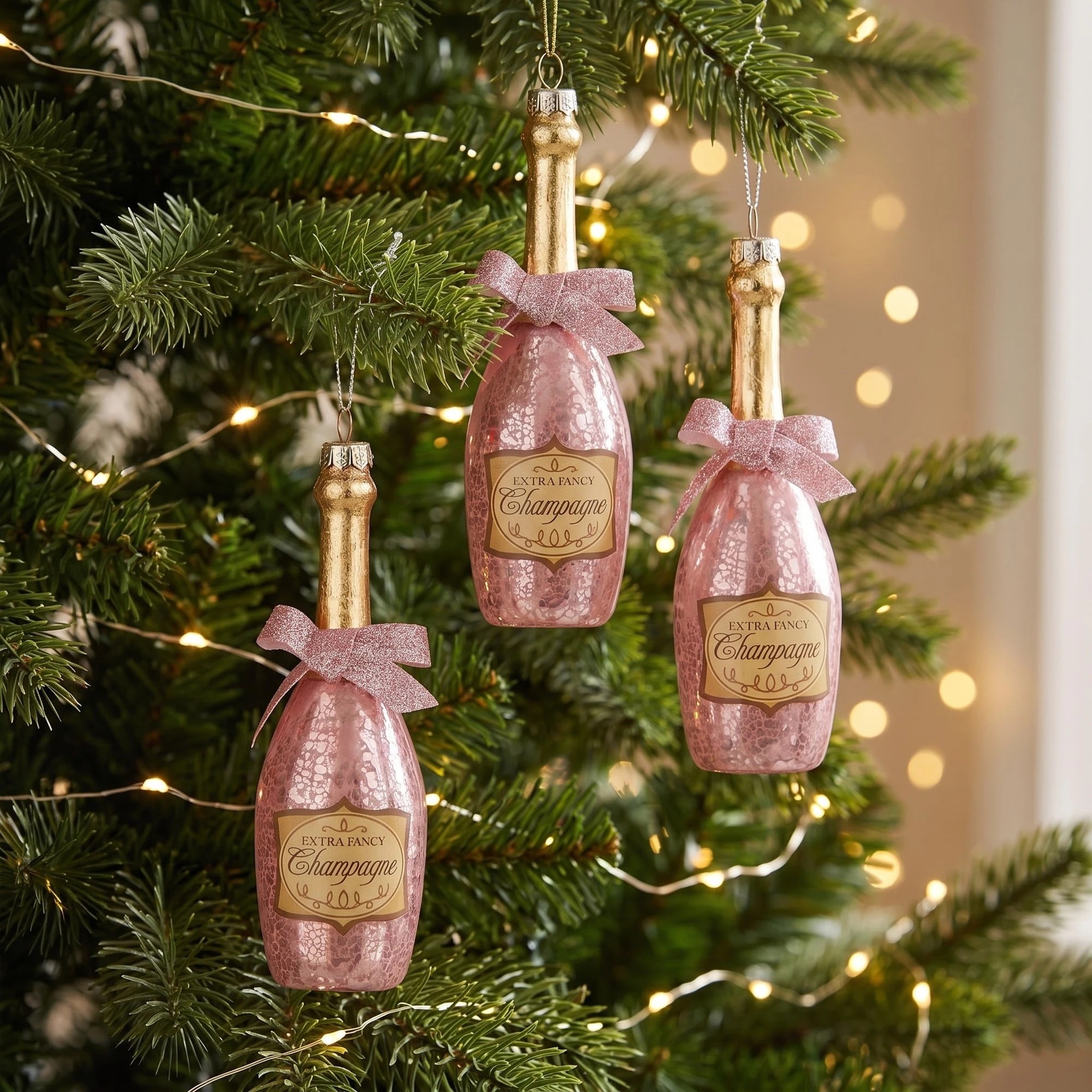 5 Christabelle 6 Pink Glass Christmas Baubles Champagne Bottle Quirky 14cm Xmas Tree Decorations Hanging Ornaments, 5 of 8