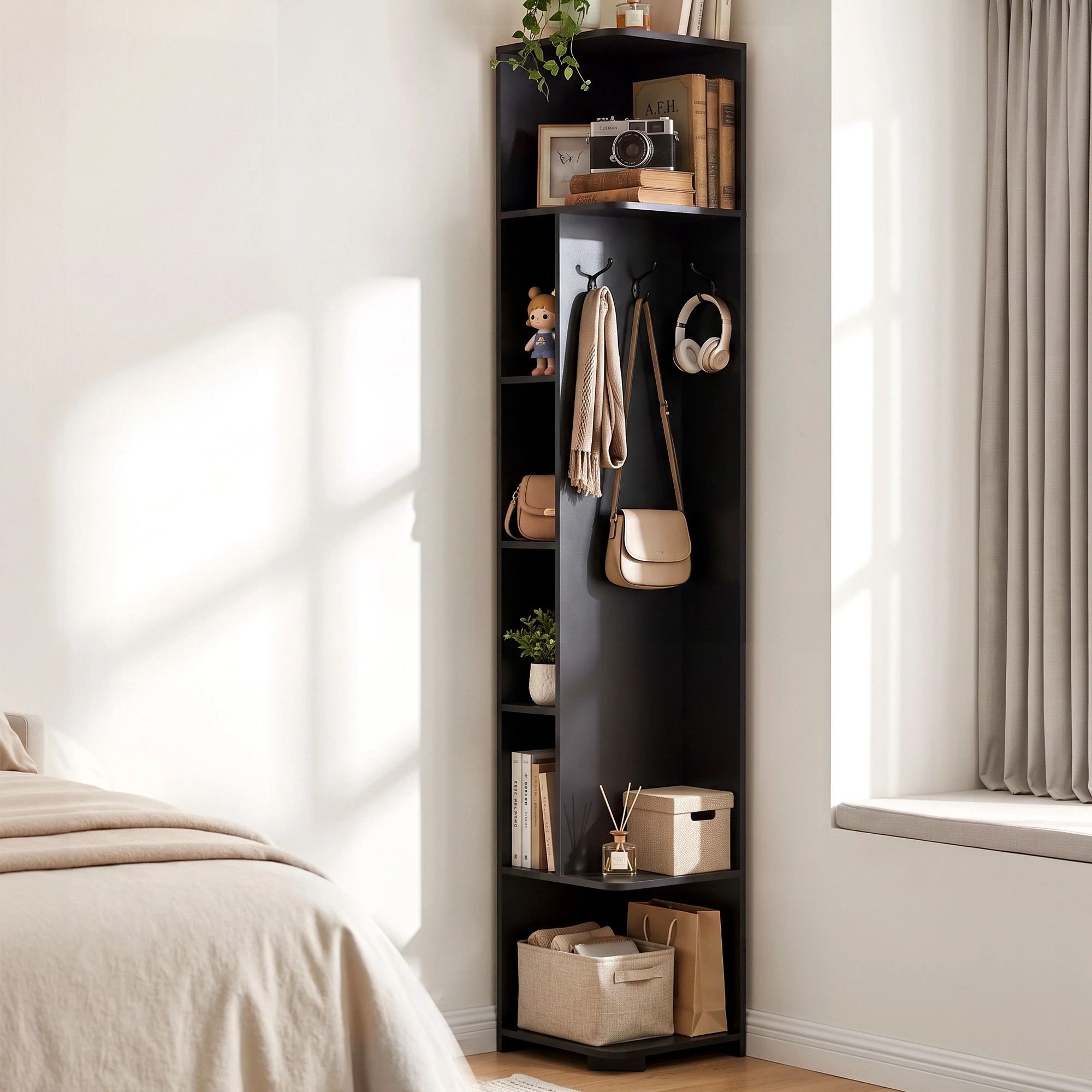 Artiss Corner Bookshelf 6-Tier Shelving with Coat Rack - Black - Kmart