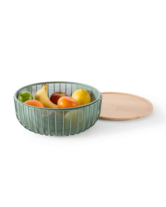 3 Piece Metal and Wood Fruit Bowl - Green