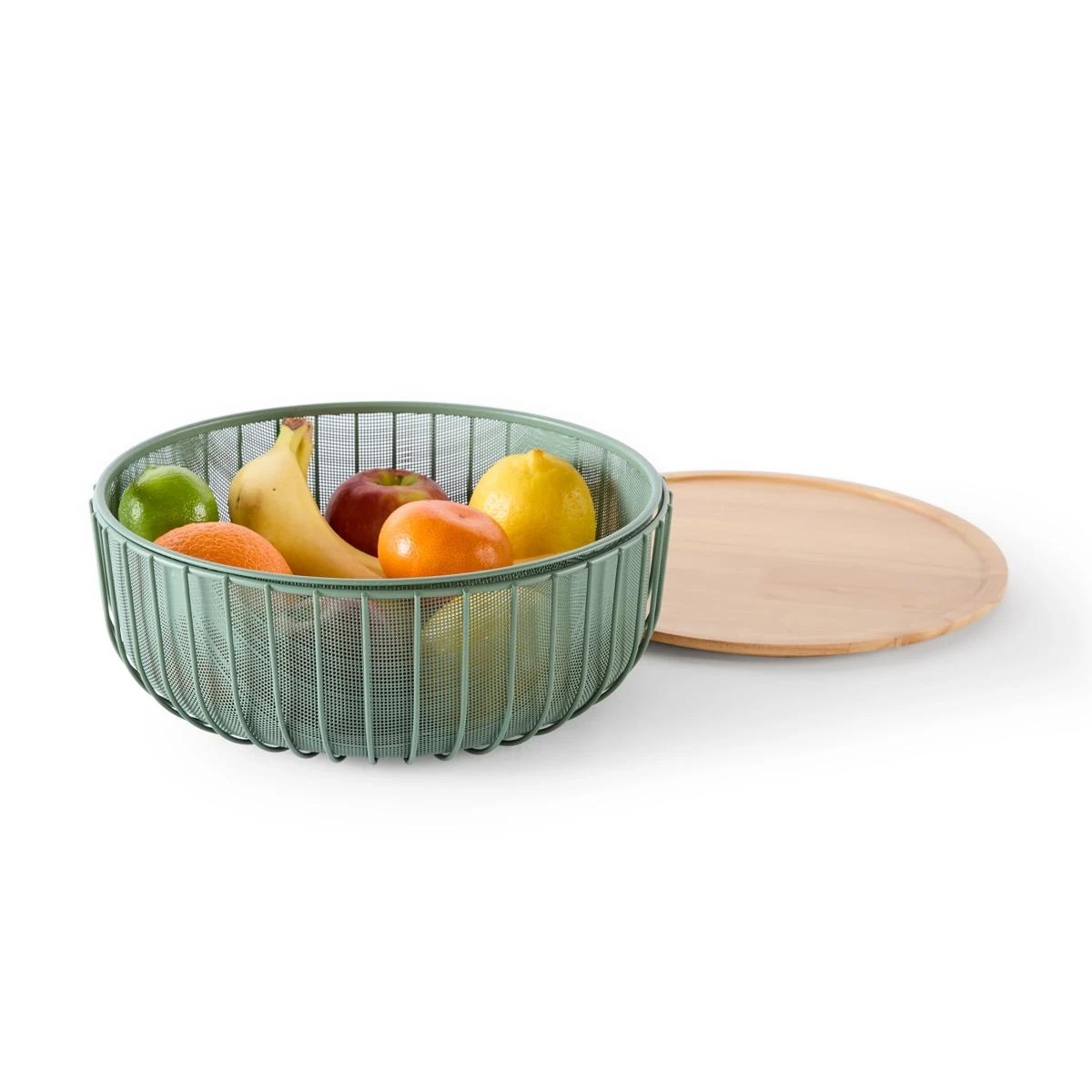 1 3 Piece Metal and Wood Fruit Bowl - Green, 1 of 9