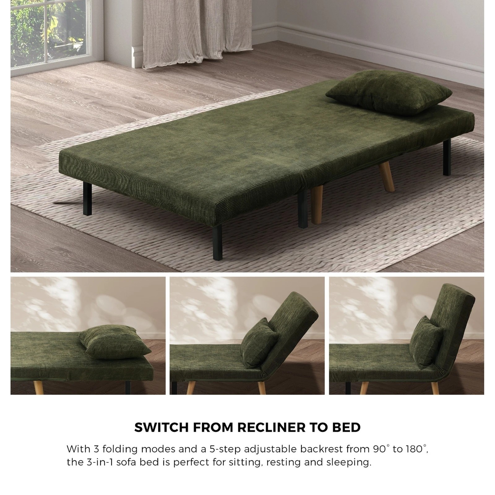 4 Oikiture Sofa Bed Lounge Chair Polyester Recliner Wood Leg Single Seat
 - Green, 4 of 9