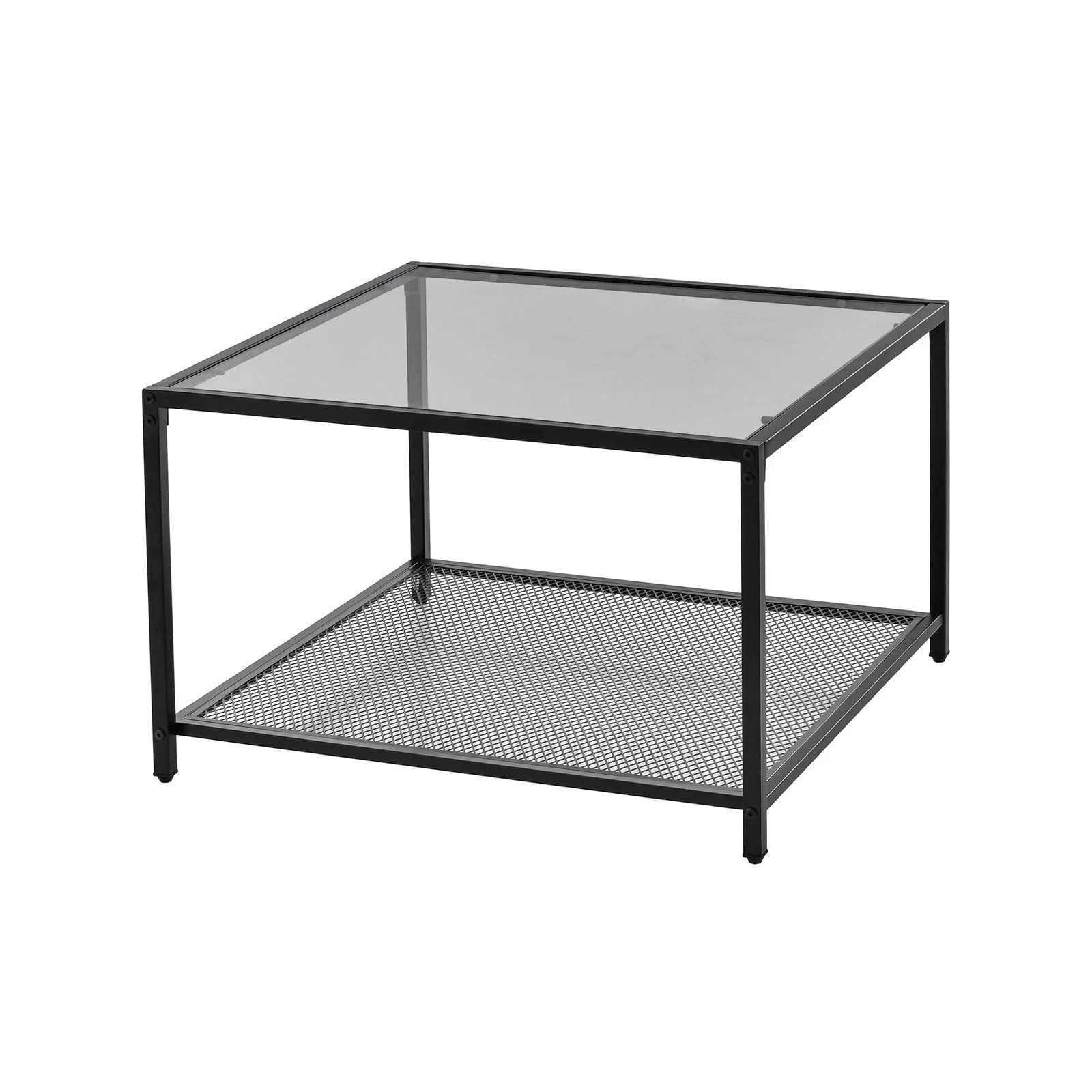 1 Costway 2-Tier Coffee Table Square Side Table Glass Tabletop w/Mesh Shelf, 1 of 4