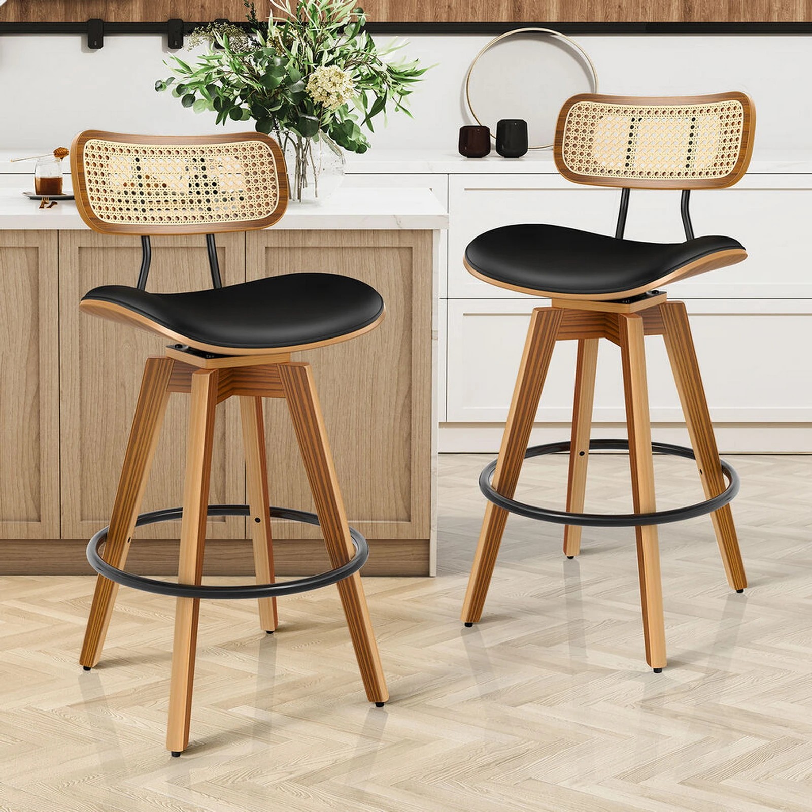 9 Alfordson 2x Bar Stools Kitchen Vintage Leather Seat Rattan Chair - Black, 9 of 9