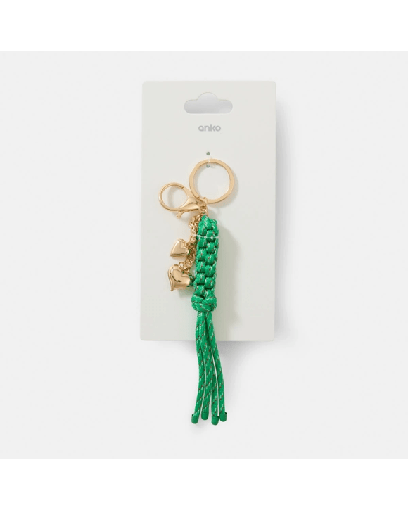 Braid Rope Heart Keyring - Green and Gold Tone