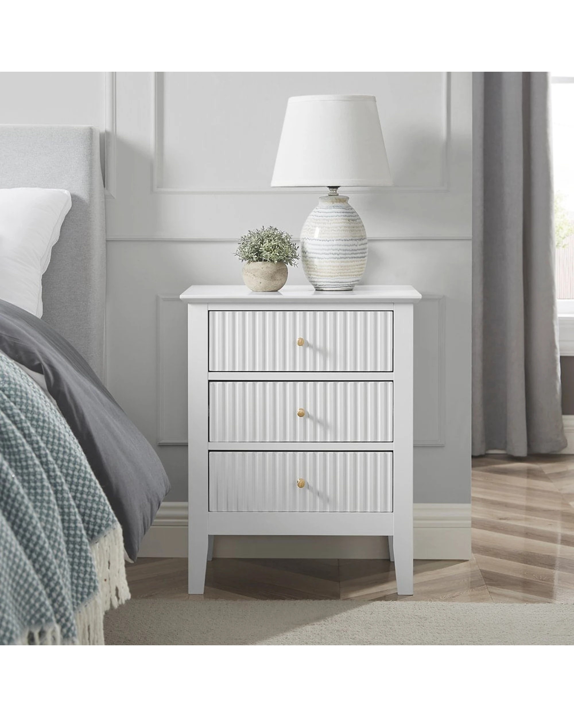 2 Alpine Bay Zara Fluted 3 Drawer Side Table With Shelf Storage Classic Style 48x35x61.5cm - White, 2 of 9