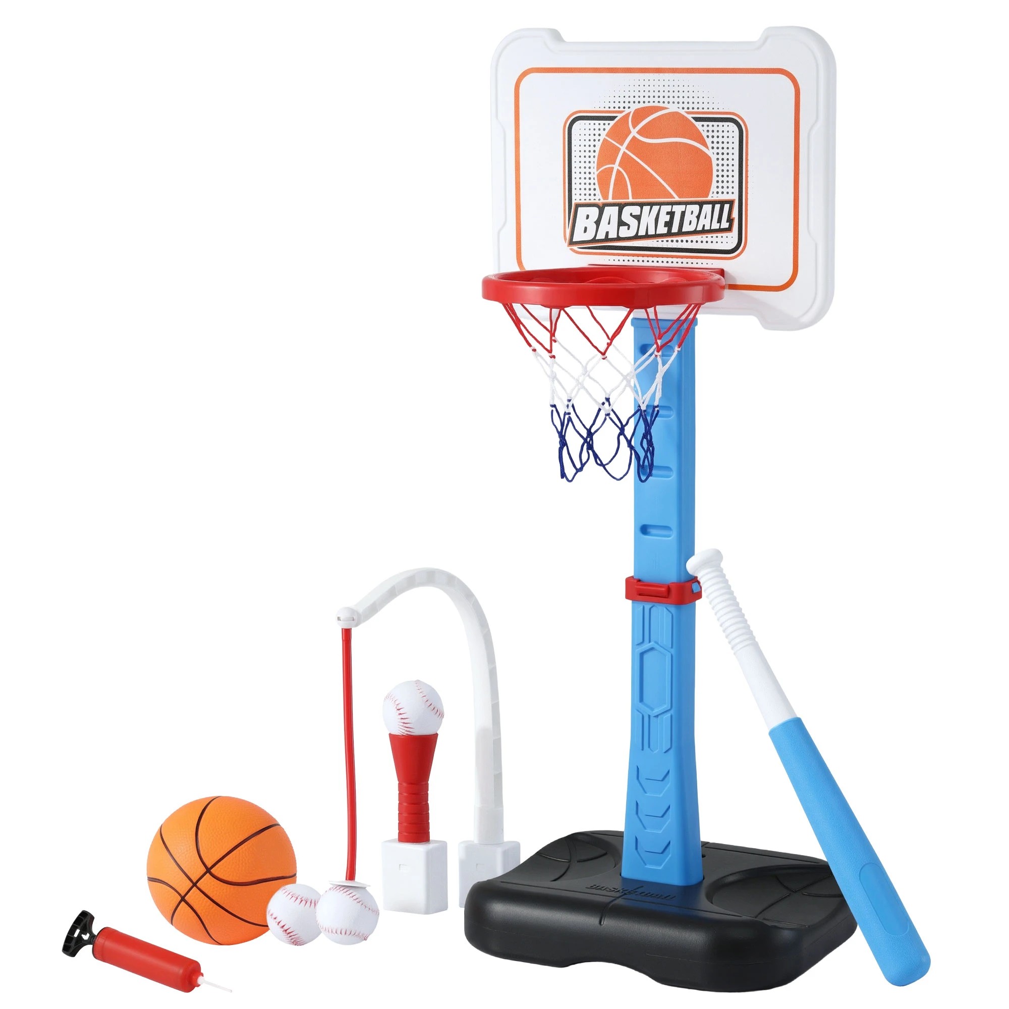 1 Keezi Kids Basketball Hoop Stand Baseball Set Adjustable Height Sports Center Toys - Blue, 1 of 8
