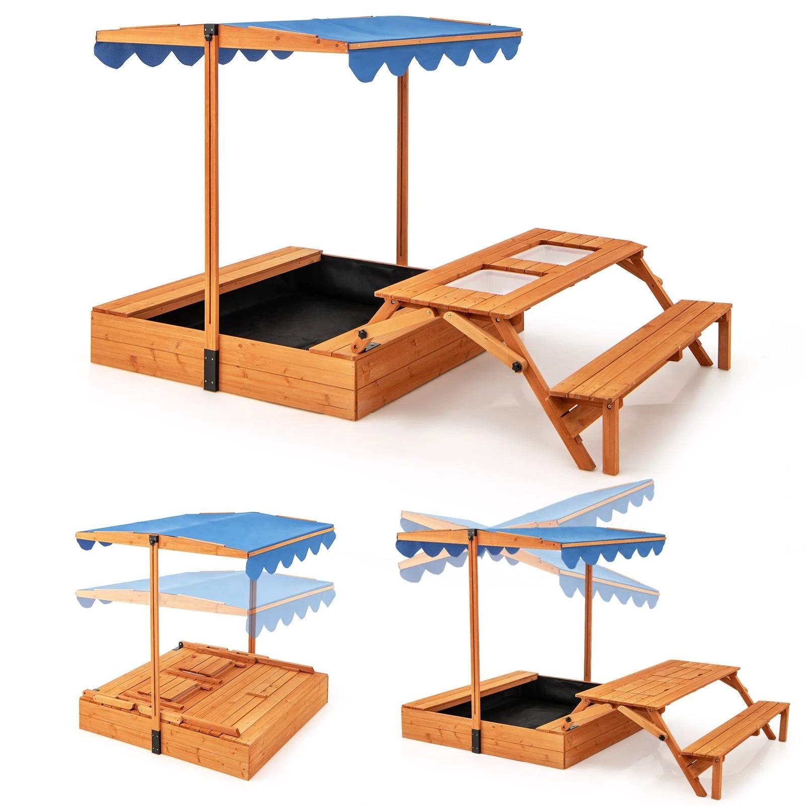 1 Costway Sandpit Wooden Sandbox Set w/Rotatable Canopy Picnic Sensory Table Bench, 1 of 2