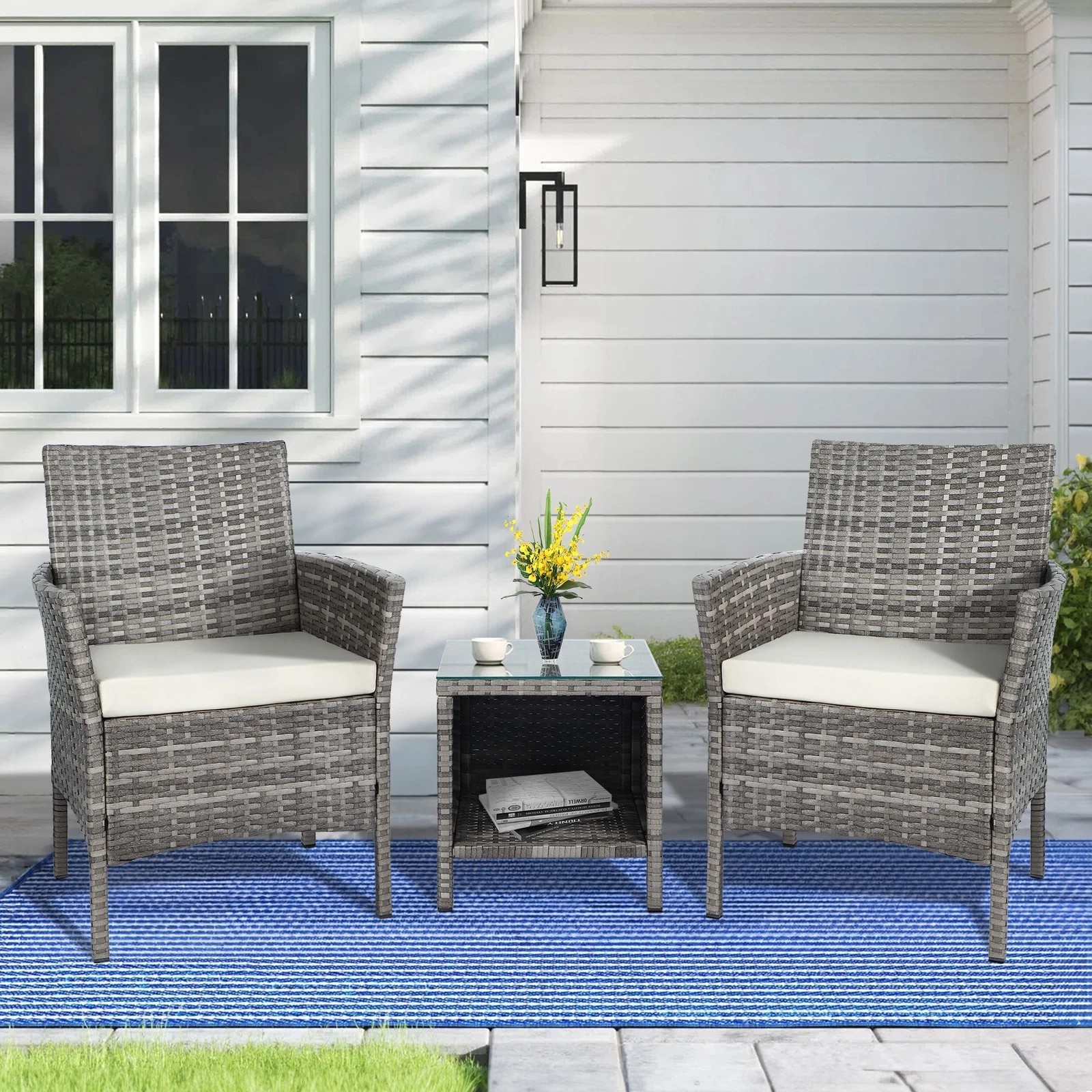 2 Alfordson Outdoor Furniture 3PCS Wicker Bistro Set Patio Chairs Table - Grey, 2 of 8