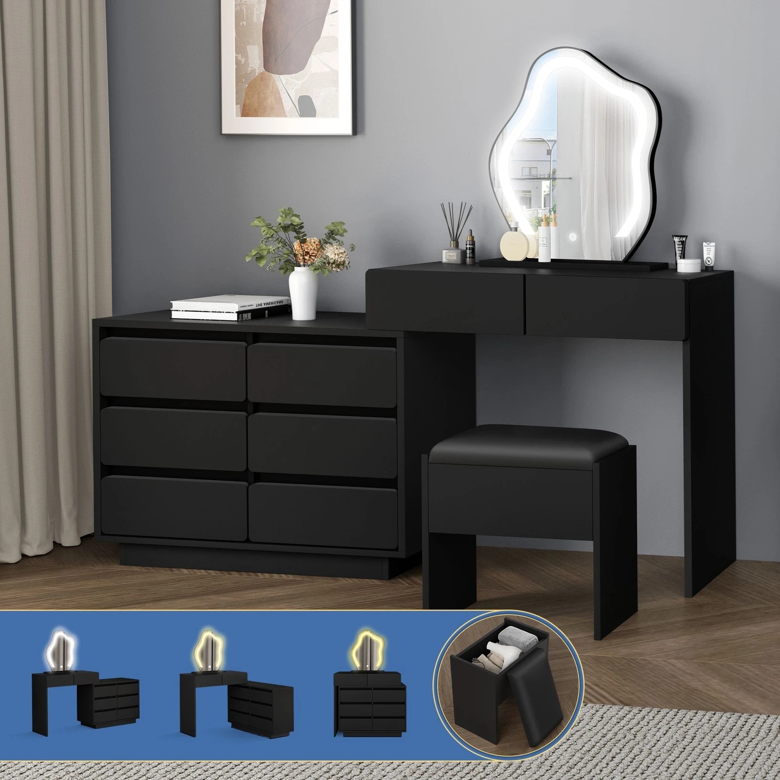 8 Alfordson Dressing Table Stool Set Makeup Mirror Desk LED 8 Drawers - Black, 8 of 10