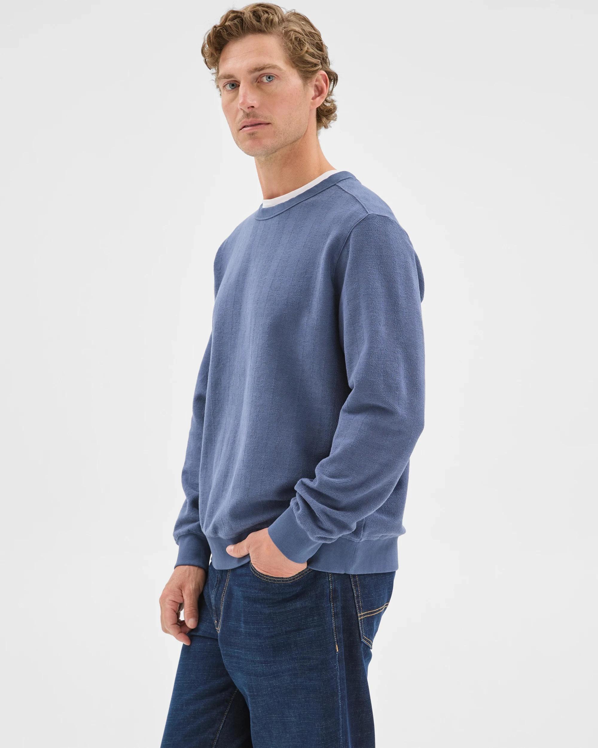 4 Target Man Australian Cotton Herringbone Long Sleeve Crew Neck Fleece Top BLUE STONE, 4 of 6