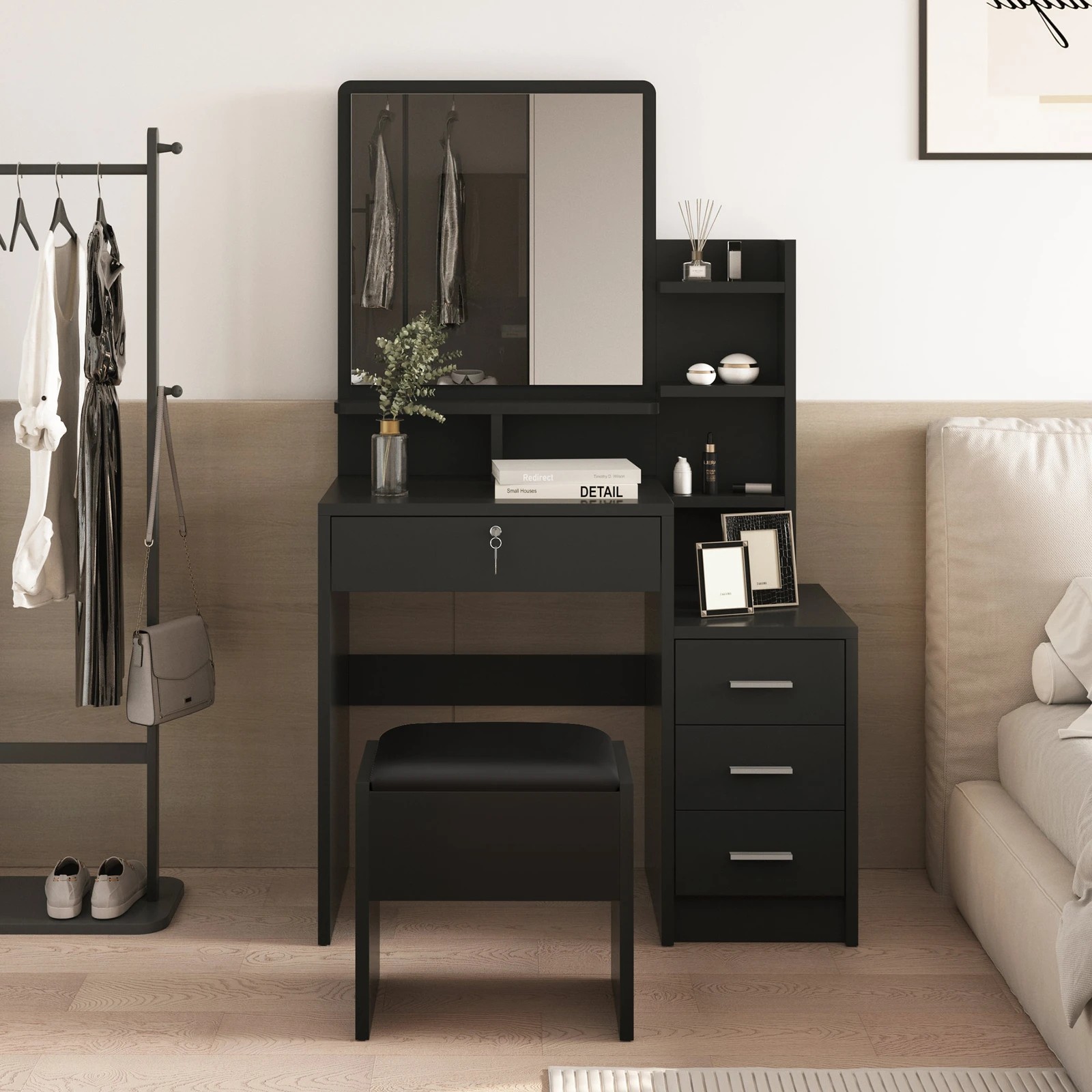 8 Alfordson Dressing Table Stool Set Makeup Mirror Cabinet Vanity Desk - Black, 8 of 10