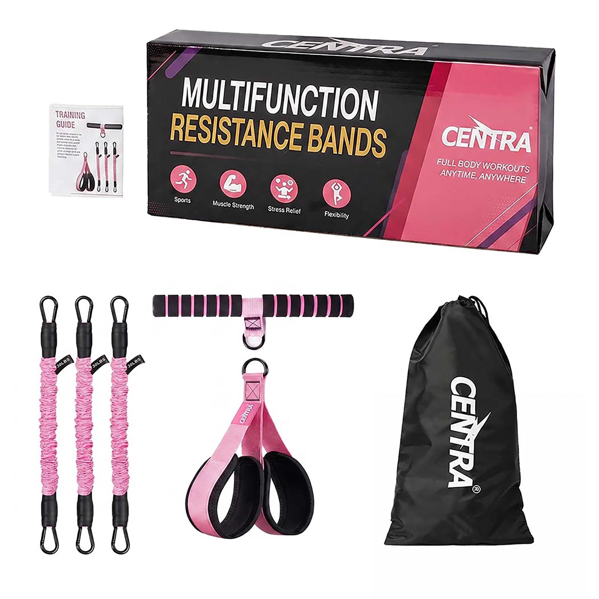 1 Centra Resistance Bands Set Foot Pedal 3 Tube Adjustable for Home Workout Pink, 1 of 8