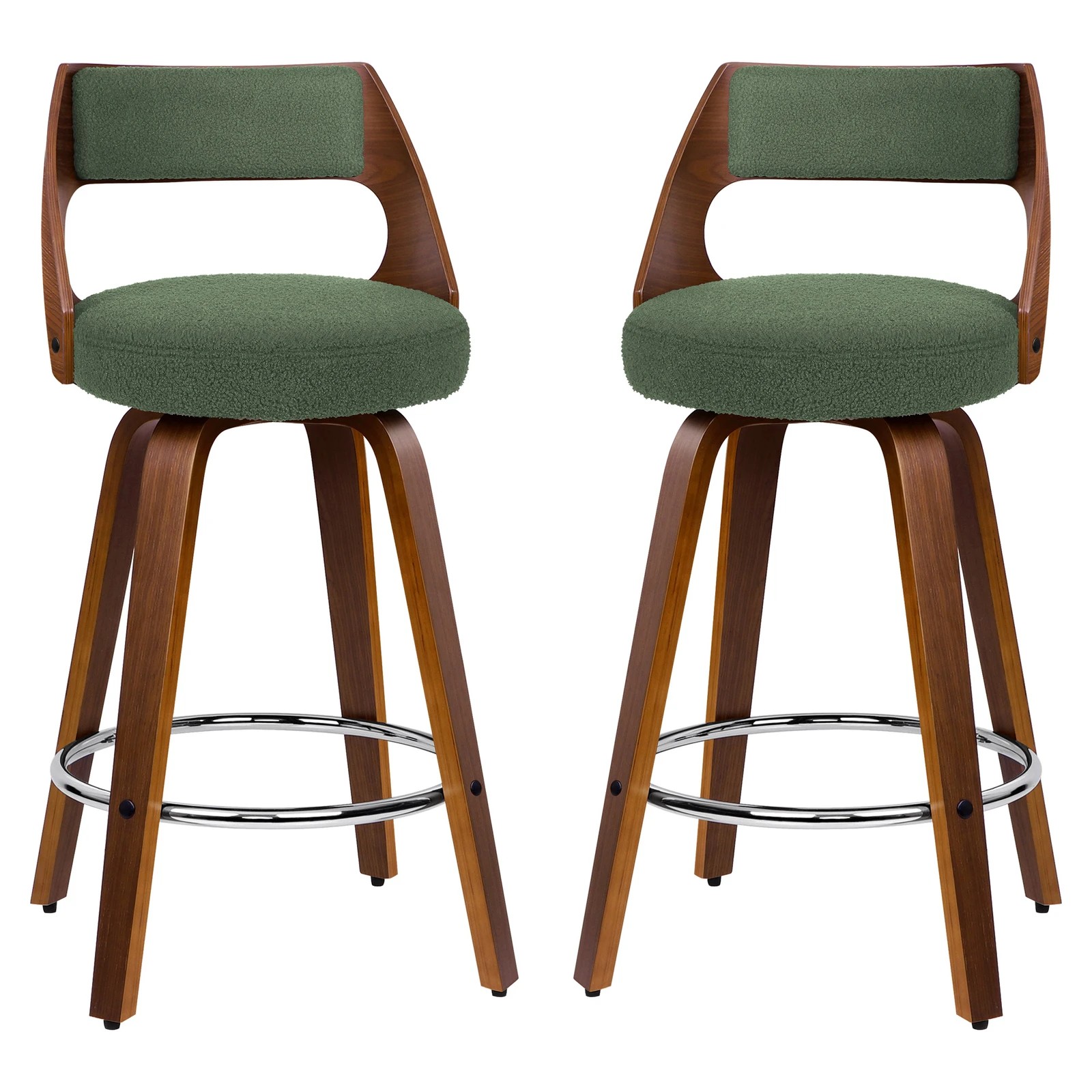 1 Alfordson 2x Swivel Bar Stools 65cm Kitchen Wooden Dining Chair Boucle - Green, 1 of 10