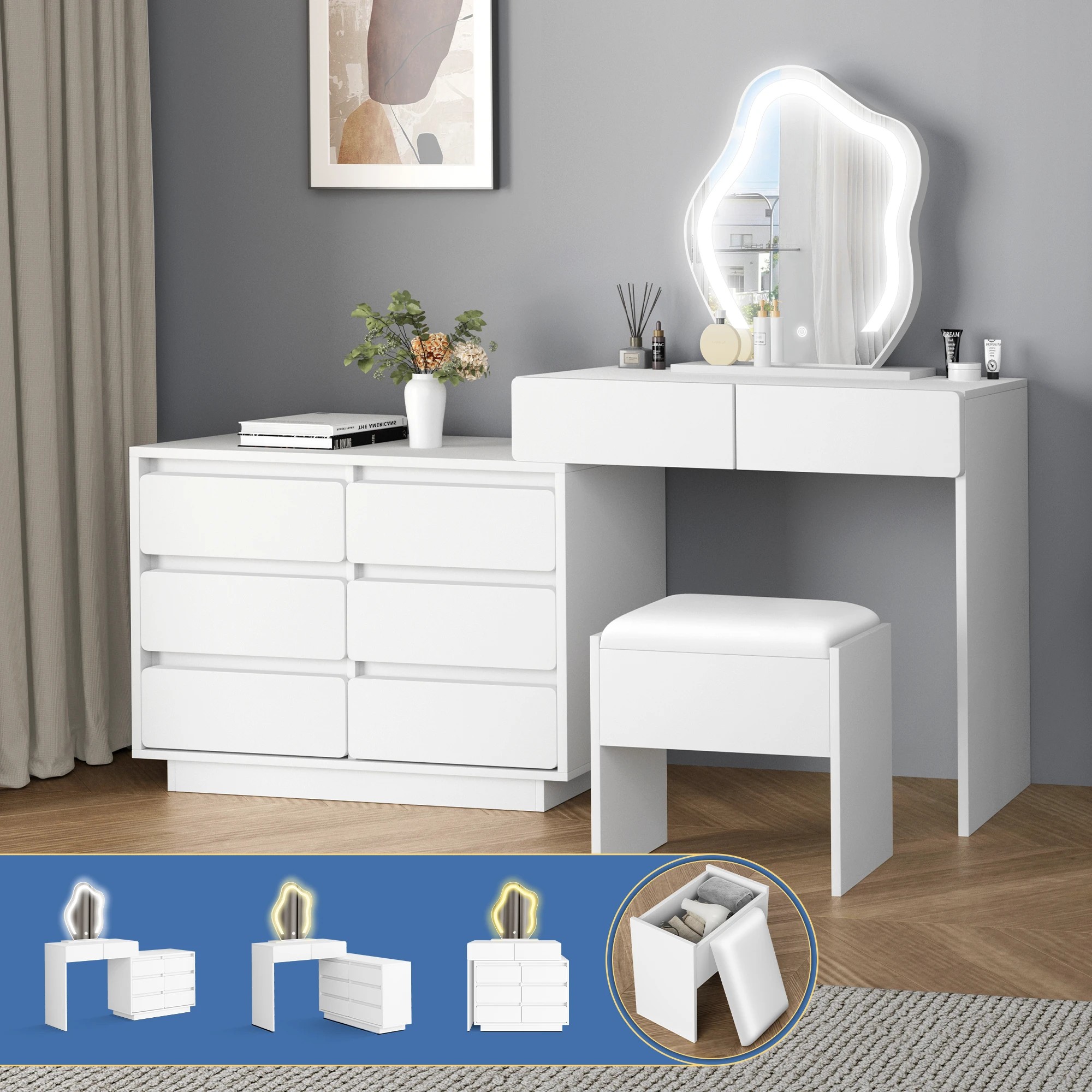 2 Alfordson Dressing Table Stool Set LED Drawers - White, 2 of 9