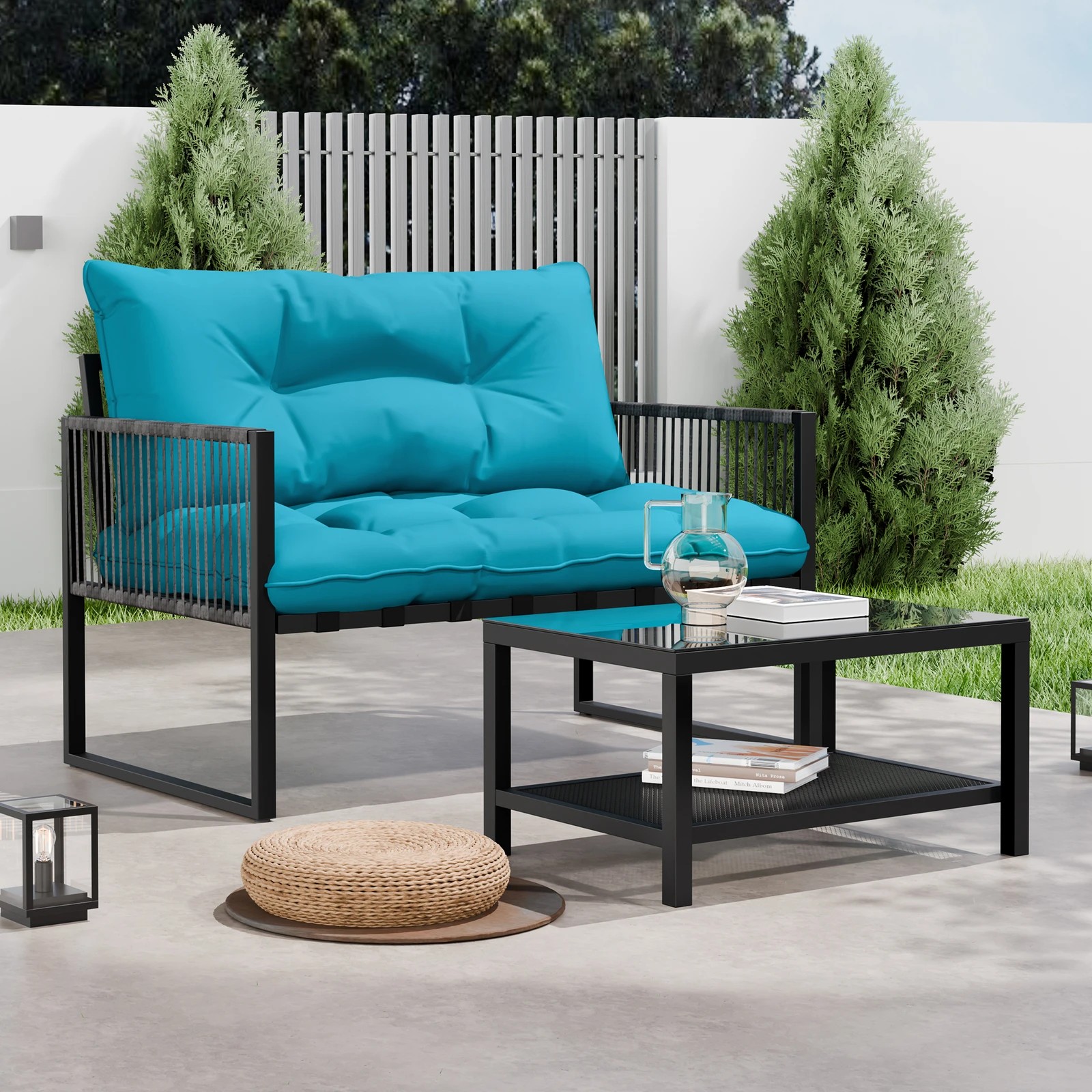 3 Alfordson 2PCS Outdoor Lounge Sofa Set Wicker Furniture Table and Chairs Garden - Blue, 3 of 10