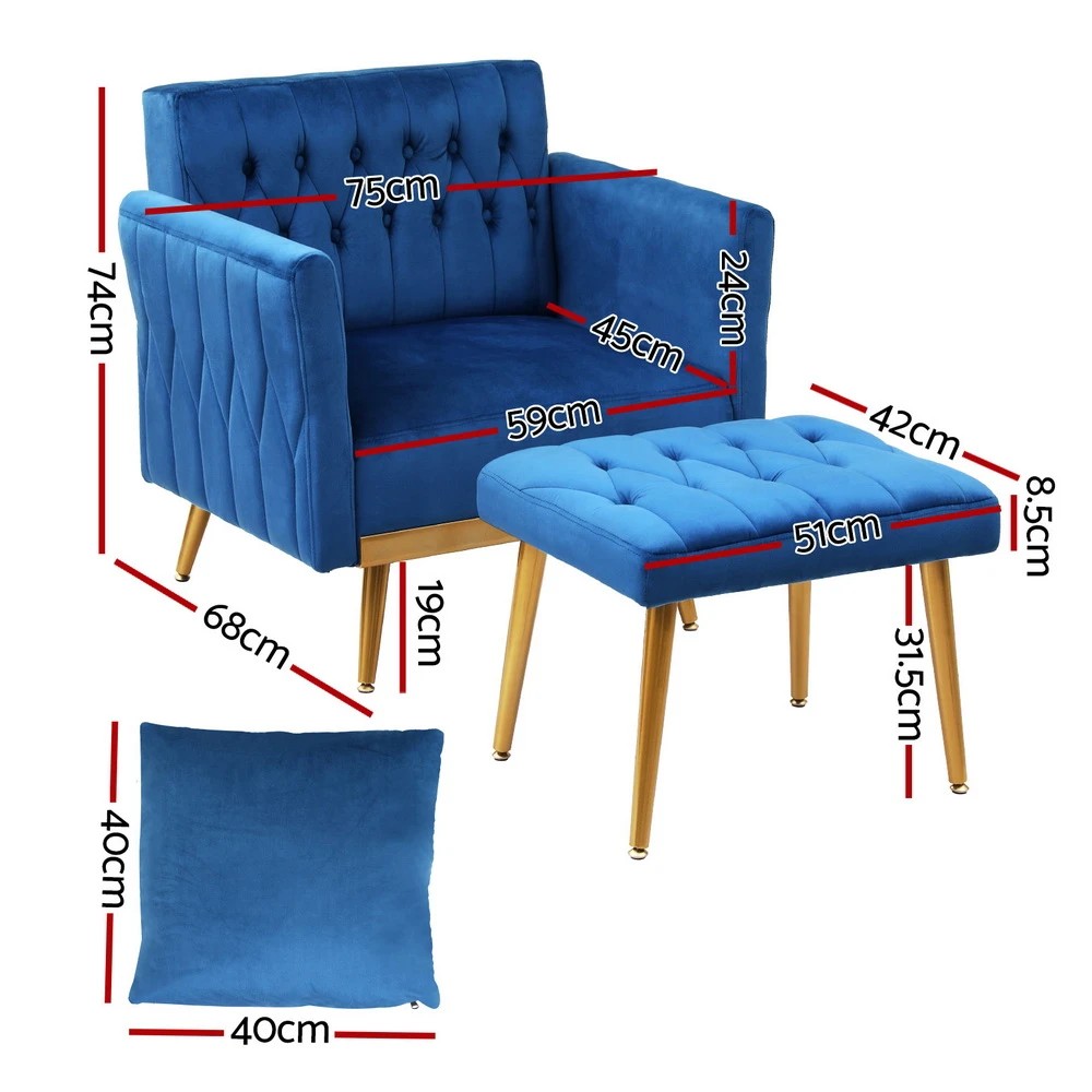 2 Artiss Armchair Ottoman Accent Chair Pillow Velvet - Blue, 2 of 6