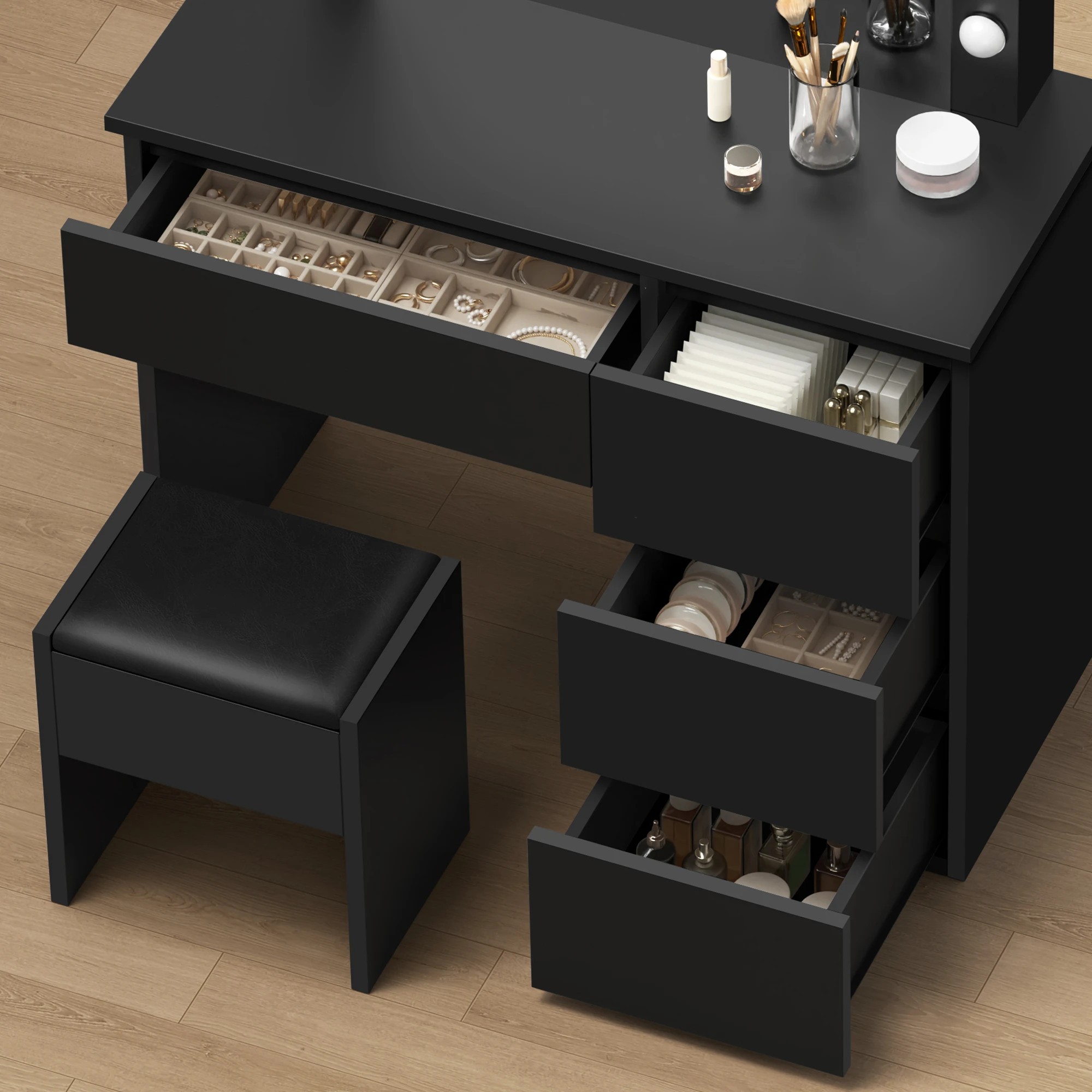 4 Alfordson Dressing Table Stool Set Makeup Mirror Desk LED 12 Bulbs - Black, 4 of 10