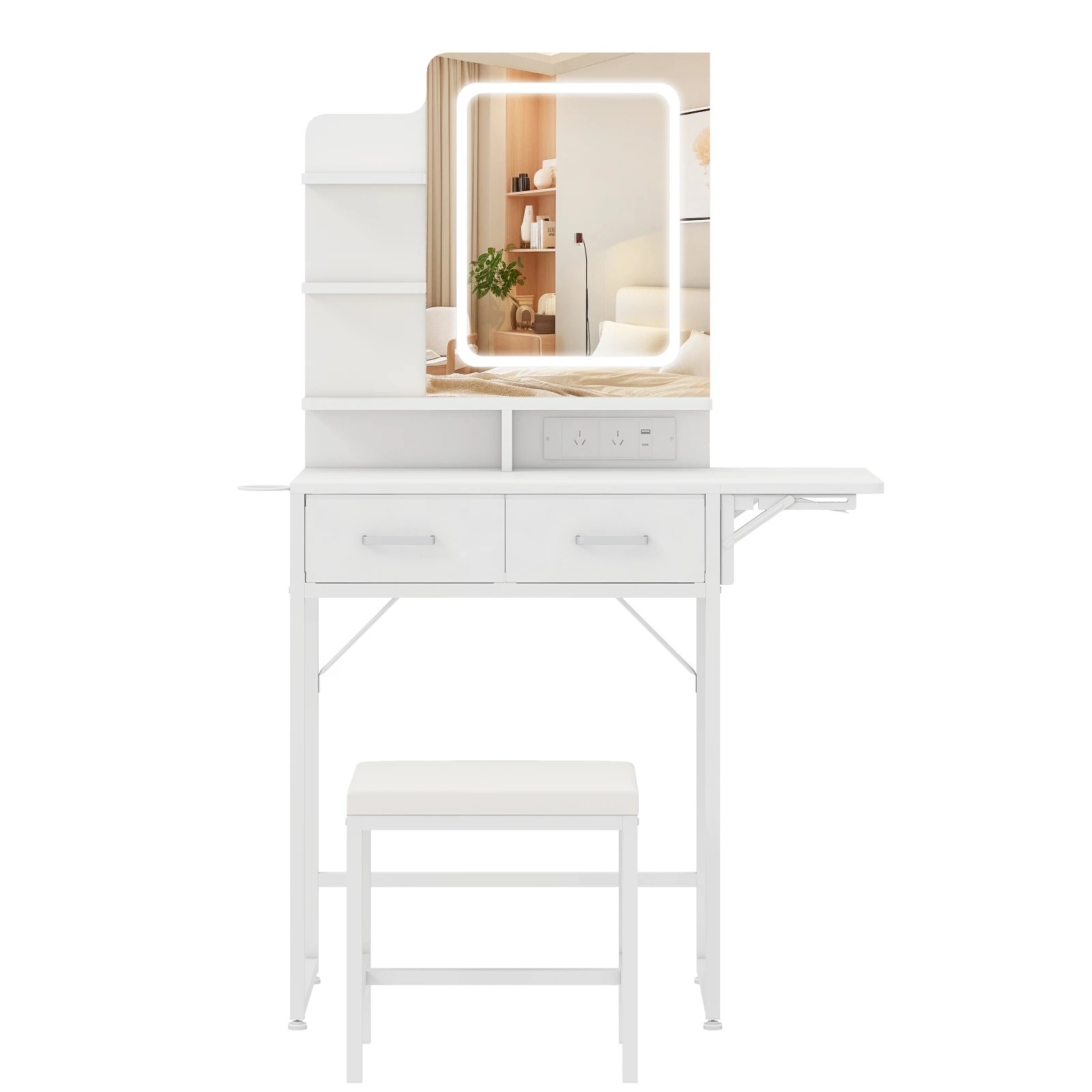 1 Advwin Dressing Table Set LED Light Charging Station Glass Cabinet Tabletop - White, 1 of 8