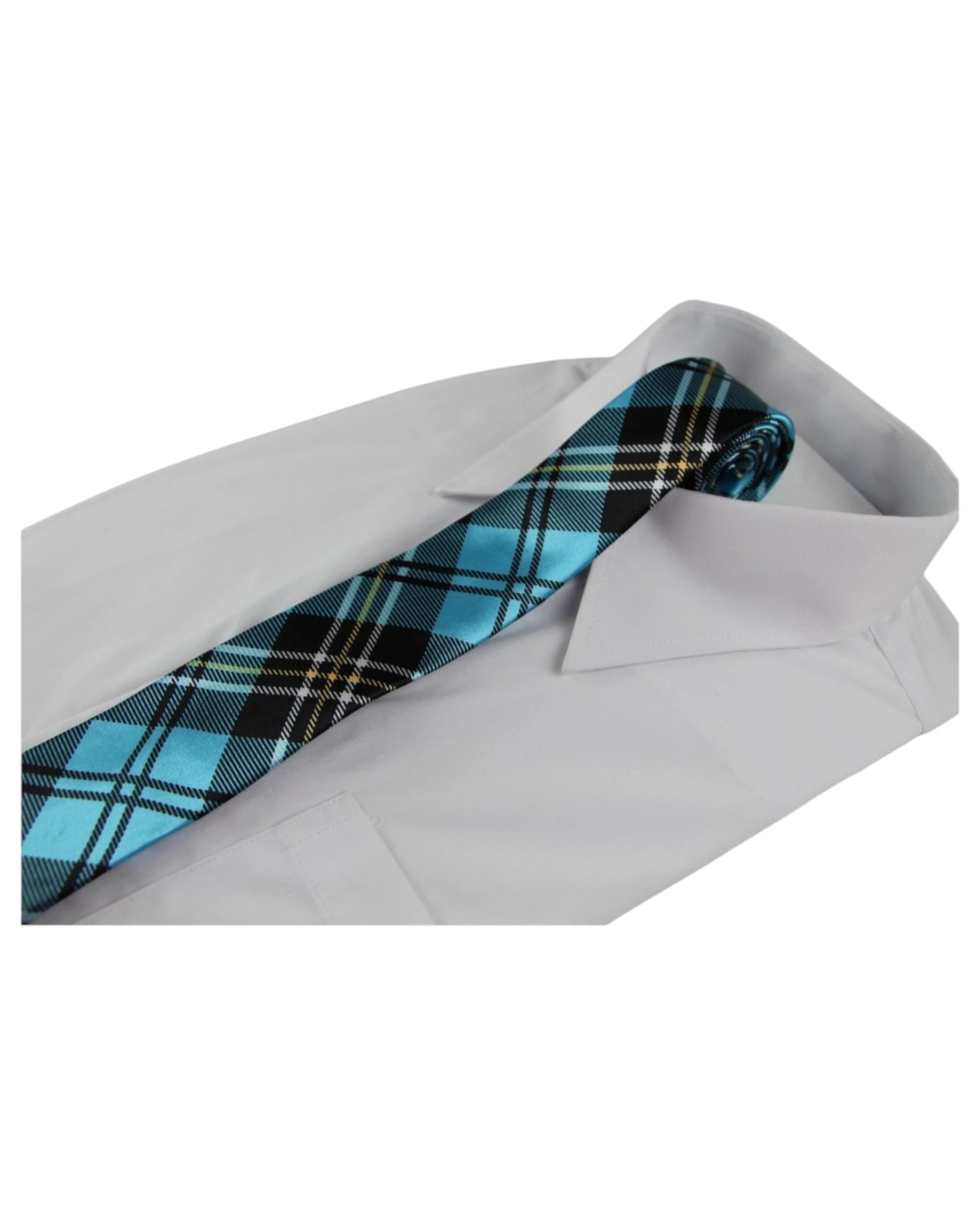 1 Zasel Mens Turquoise & Black Plaid Striped 5cm Skinny Neck Tie, 1 of 2