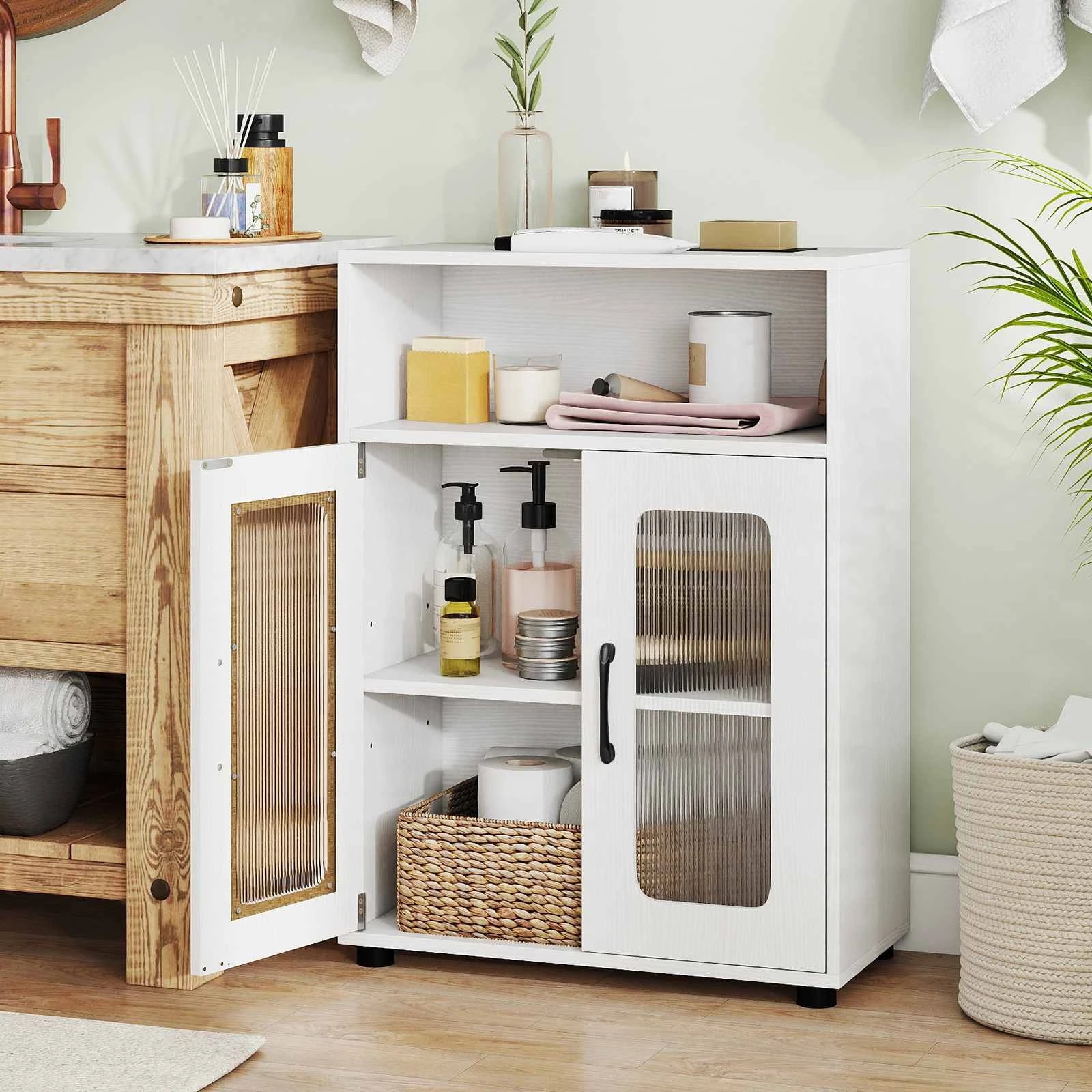 3 Costway 83cm Bathroom Storage Cabinet w/2 See-through Doors Freestanding Organizer Unit, 3 of 5