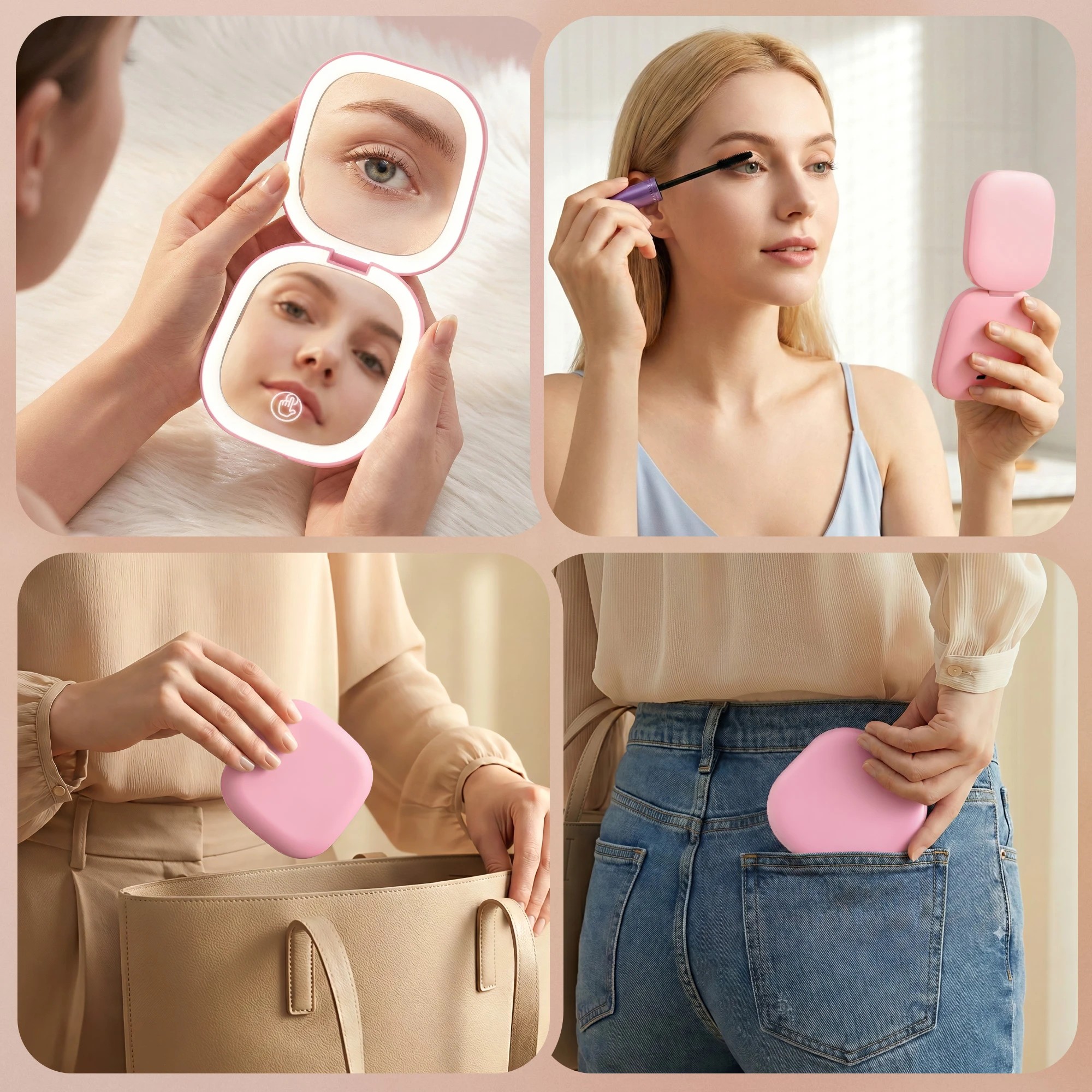 6 Embellir LED Compact Mirror Lighted Travel Makeup Mirror Pocket-Sized 1x 10x Magnification Square - Pink, 6 of 7