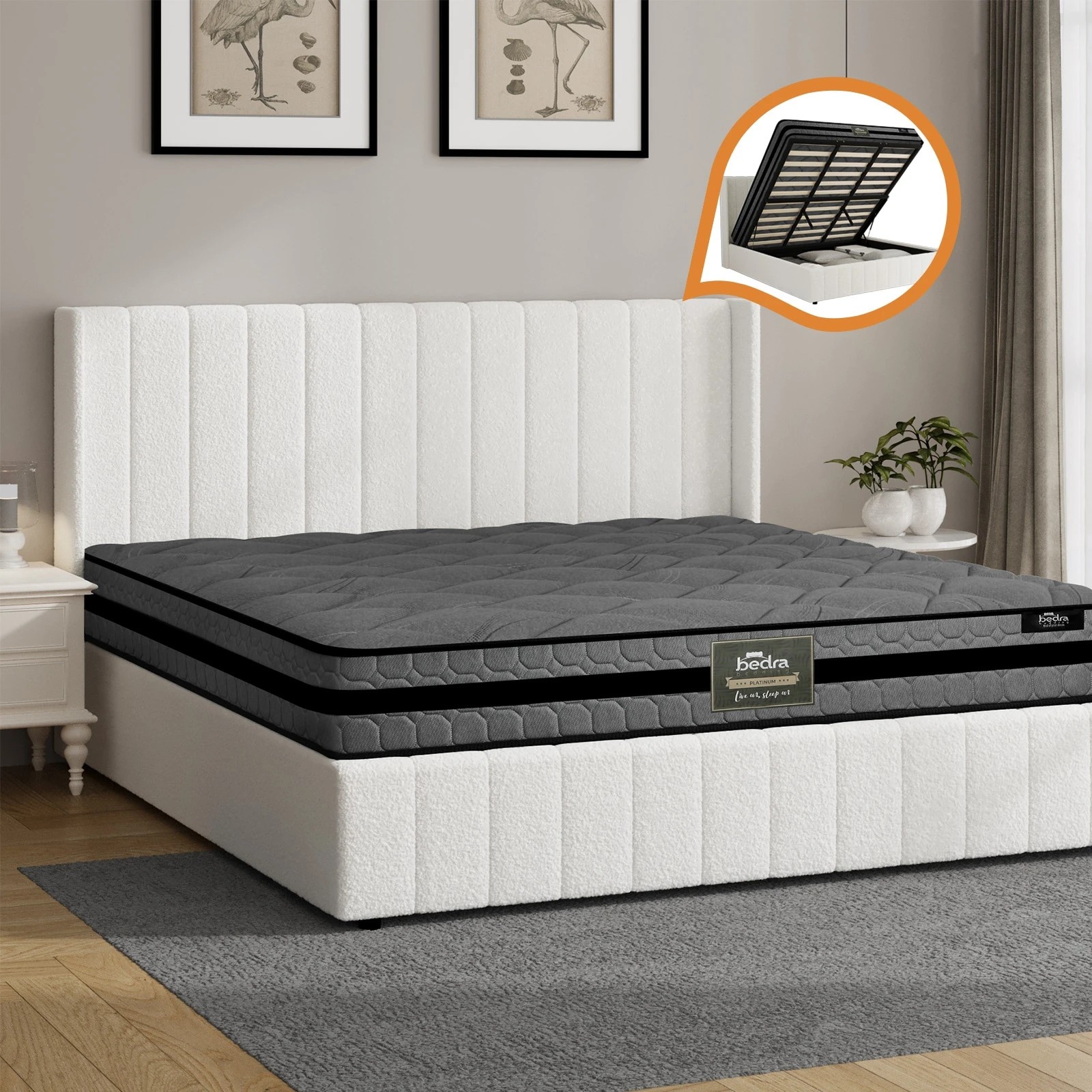 3 Oikiture Bed Frame King Size Gas Lift Storage Boucle Beds W/ Mattress Set BILY - White, 3 of 8