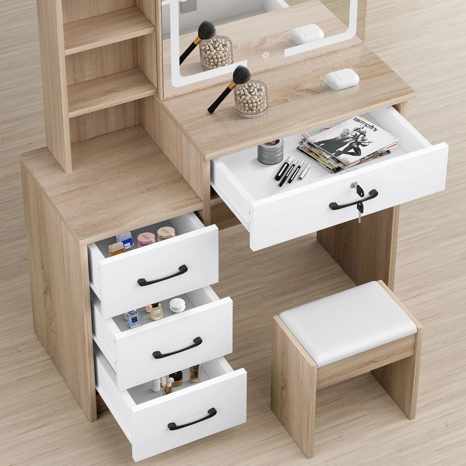 5 Alfordson Dressing Table Stool Set Makeup Mirror Vanity Desk Drawers - Wood, 5 of 10