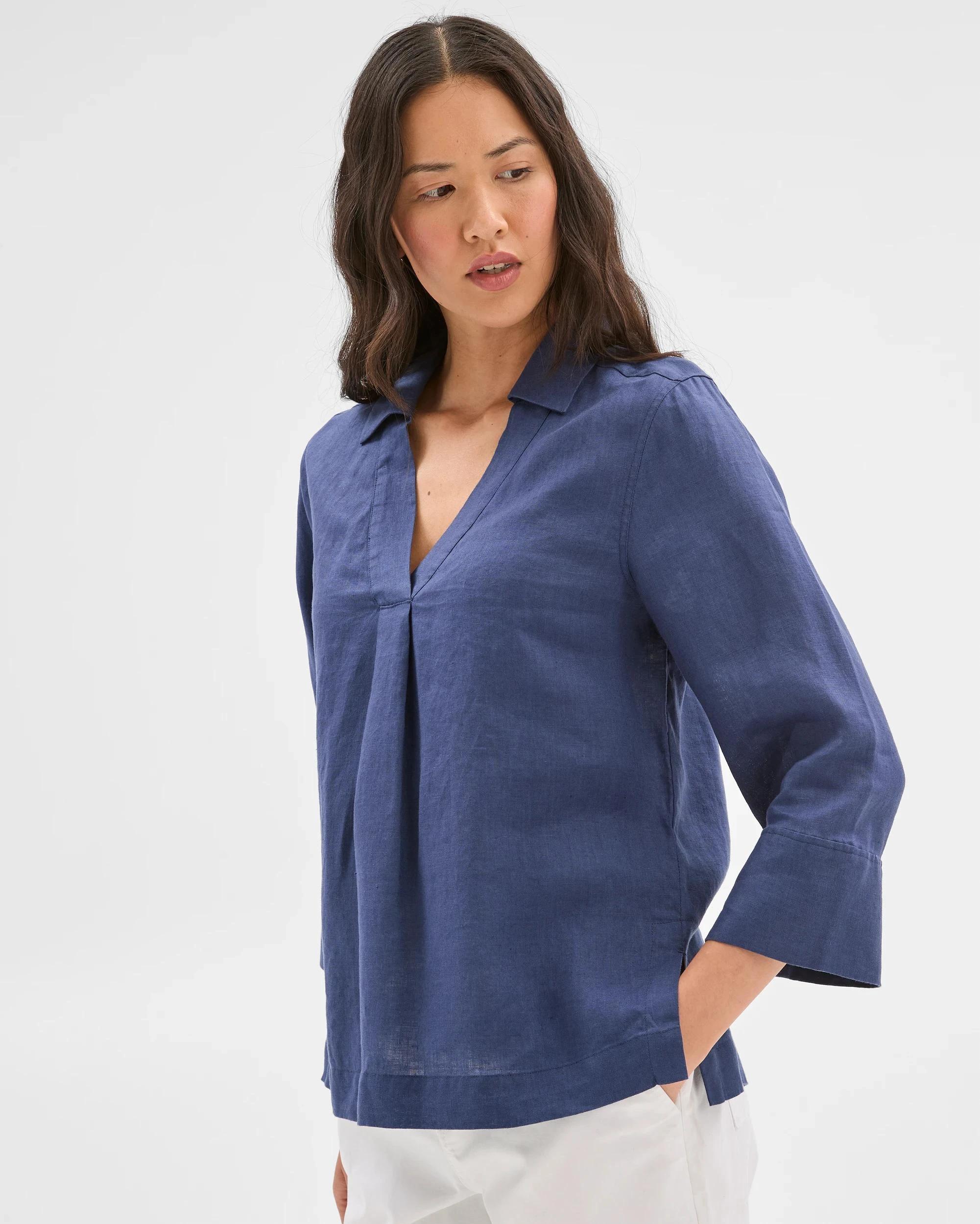2 Target Woman European Linen 3/4 Sleeve Popover Shirt BLUE INDIGO, 2 of 4