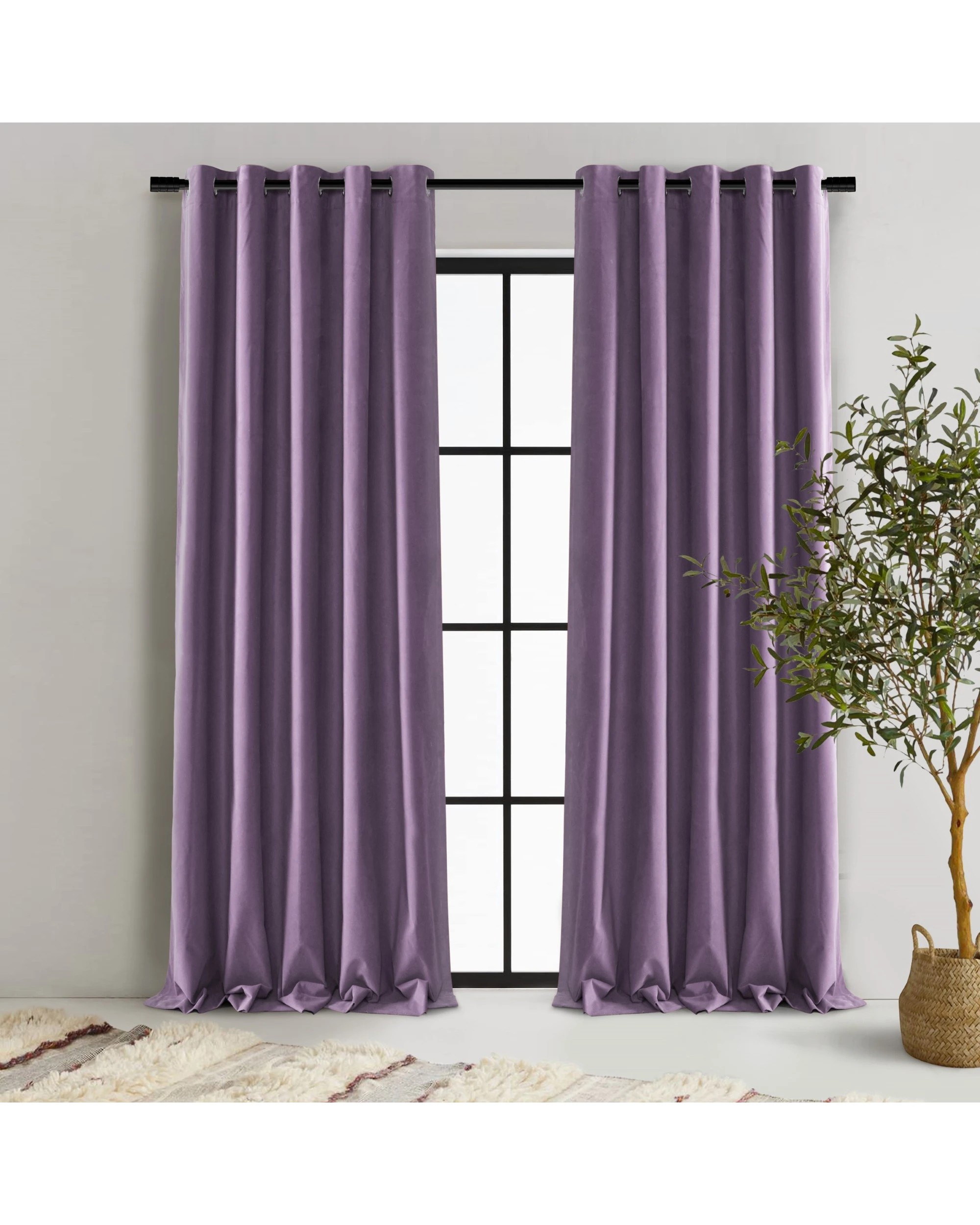 1 Cadence & Co. Byron Matte Velvet 100% Blockout Eyelet Curtain Twin Pack 90x223cm - Lilac, 1 of 5