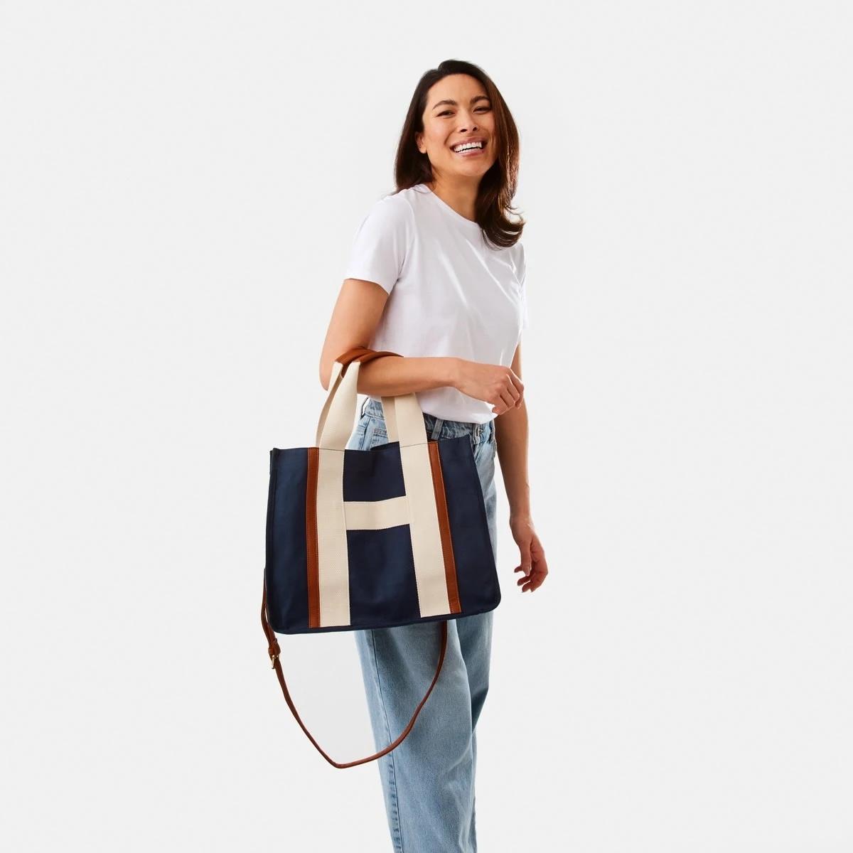 5 Canvas Tote Bag Navy Tan, 5 of 6
