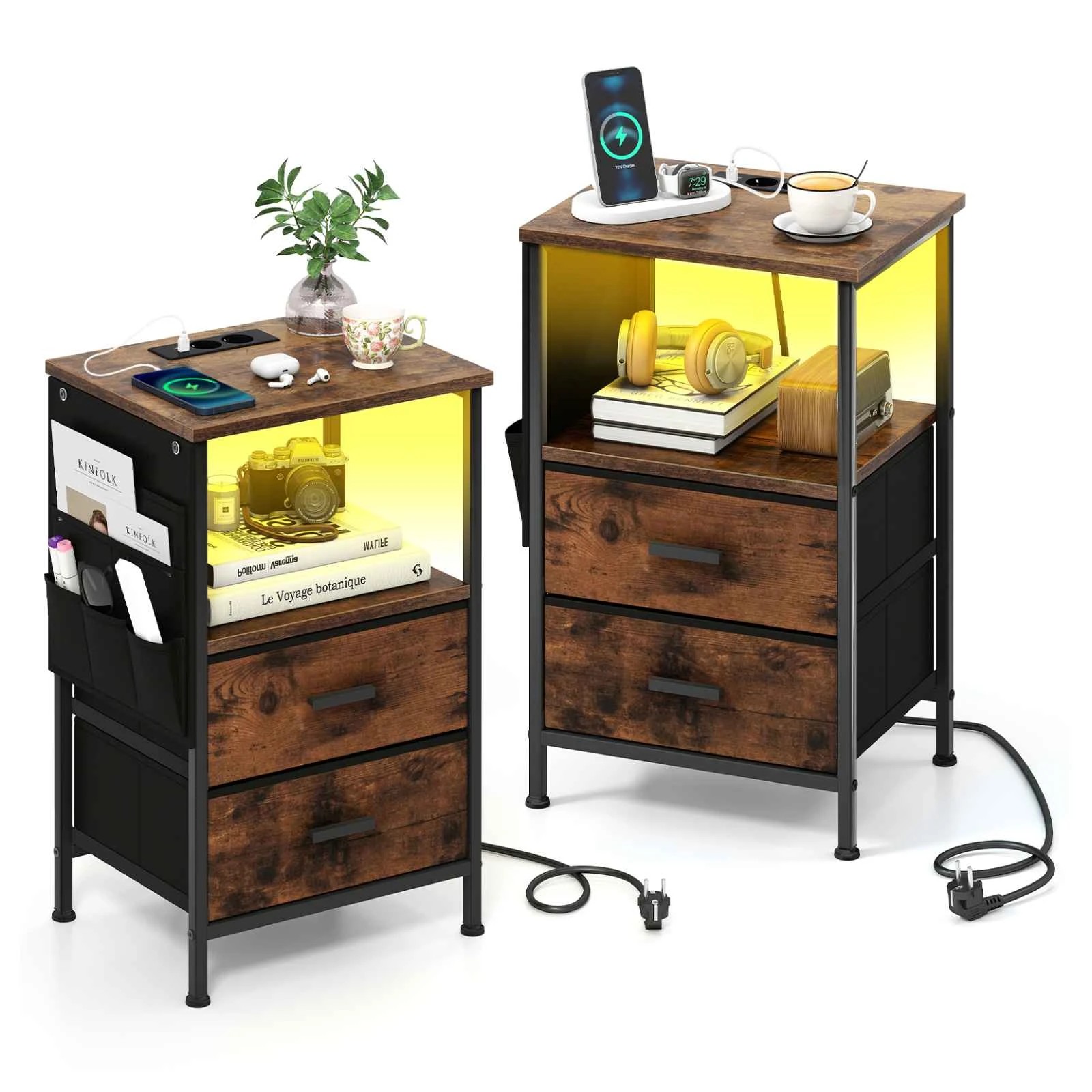 5 Costway 2x End Table LED Lighted Nightstand w/Charging Station, 5 of 5