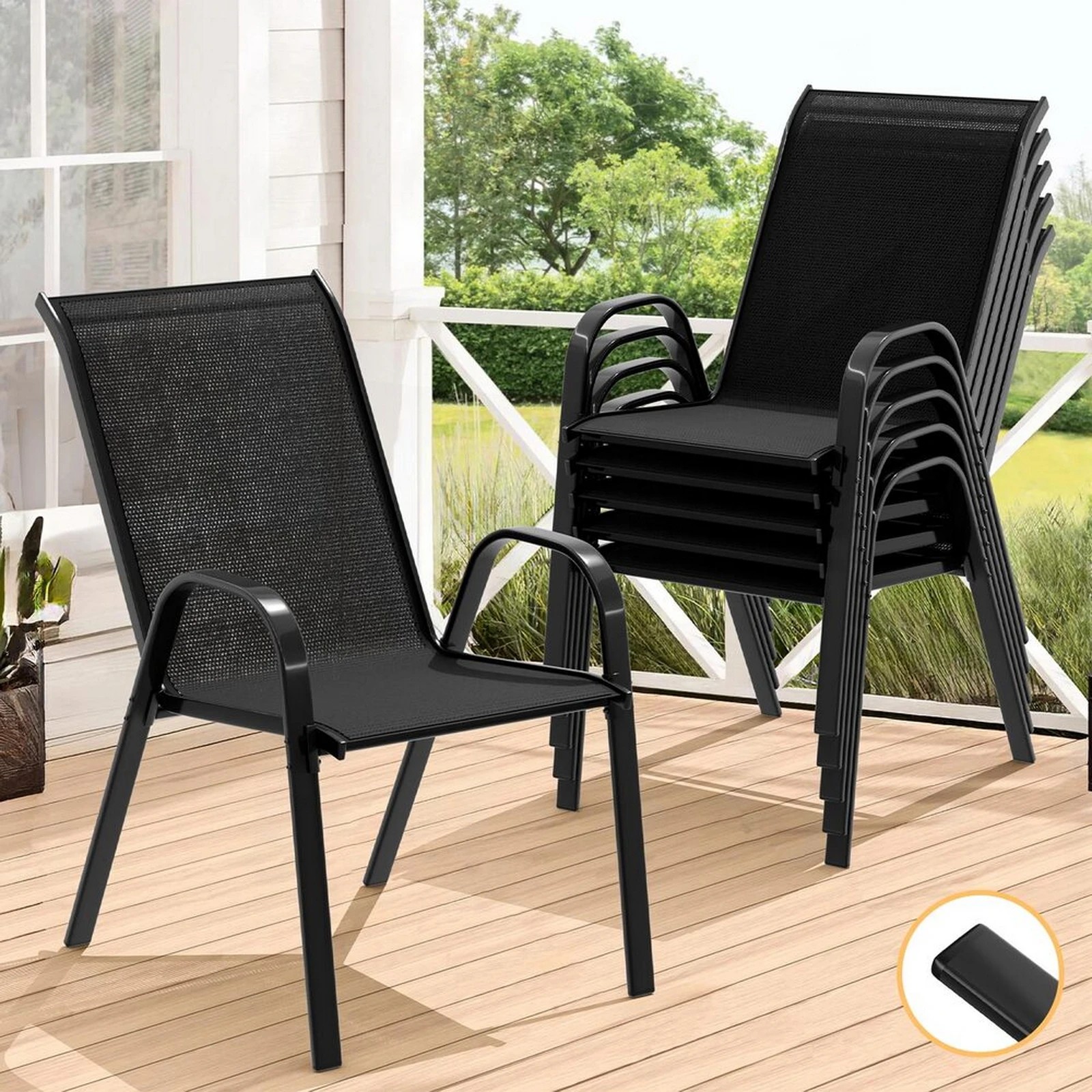 10 Alfordson 6x Outdoor Lounge Chairs Patio Dining Furniture Garden Stackable - Black, 10 of 10