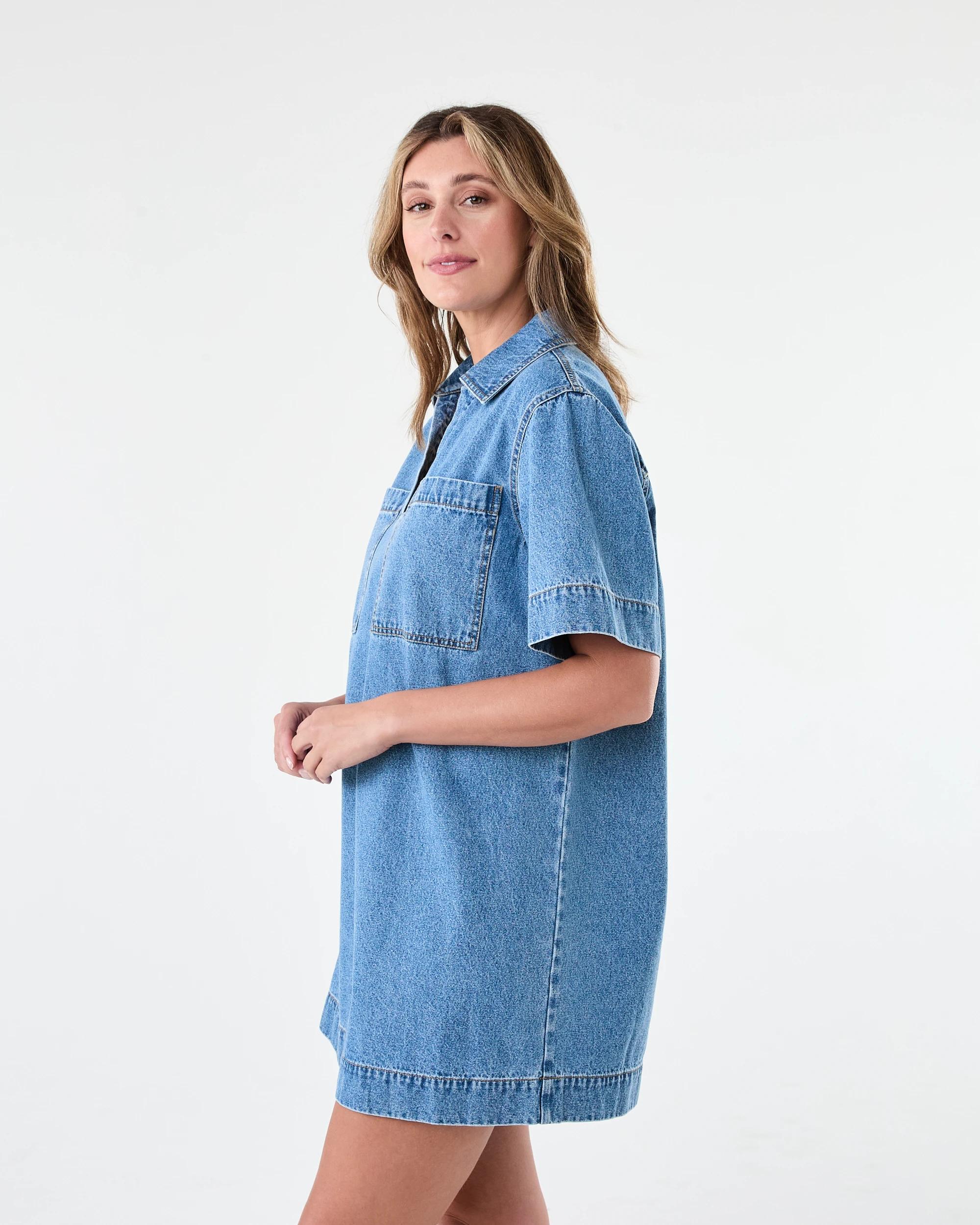 2 Short Sleeve Boxy V-Neck Denim Dress Mid Wash, 2 of 8