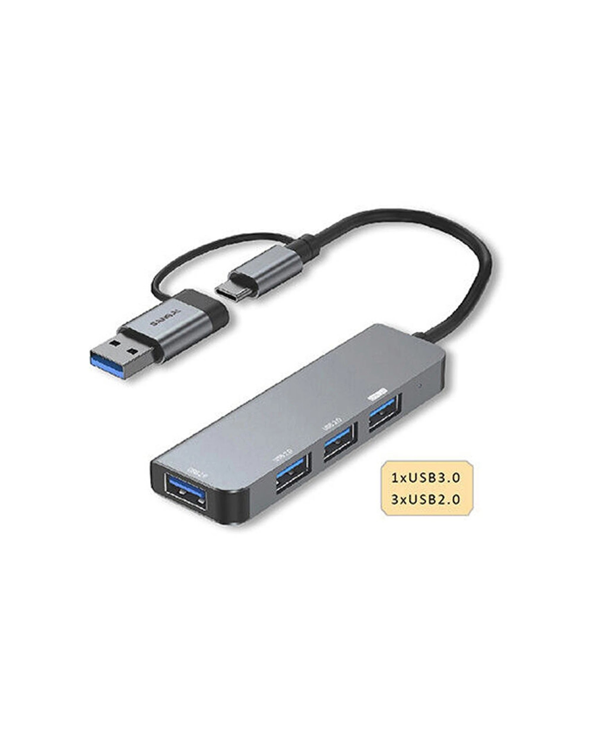 2 Sansai 4 Port USB Hub Laptop USB A C To 3x USB A 2.0 1x 3.0 Aluminium - Grey, 2 of 3