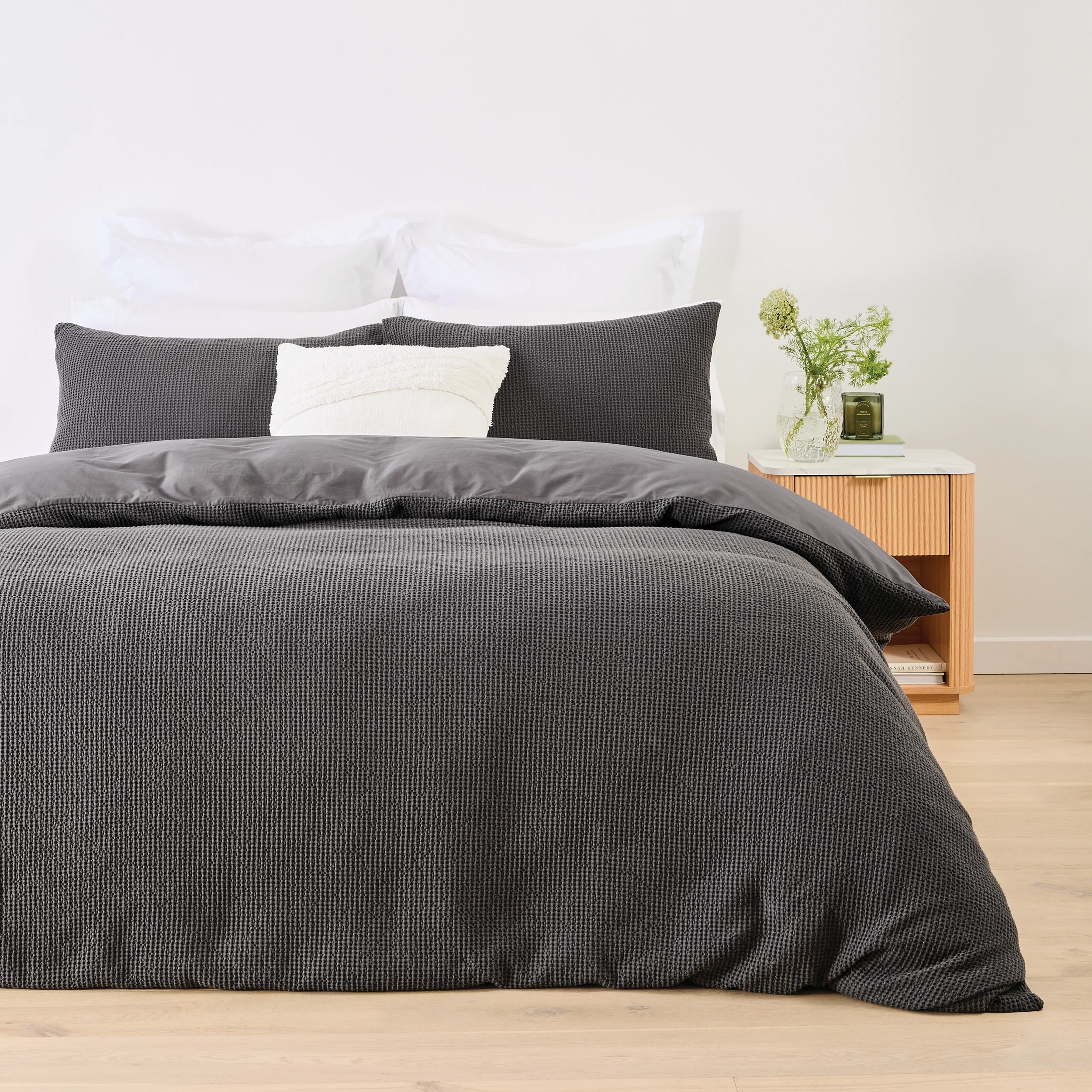 1 Waffle Stonewashed Cotton Quilt Cover Set - Queen Bed, Grey, 1 of 6