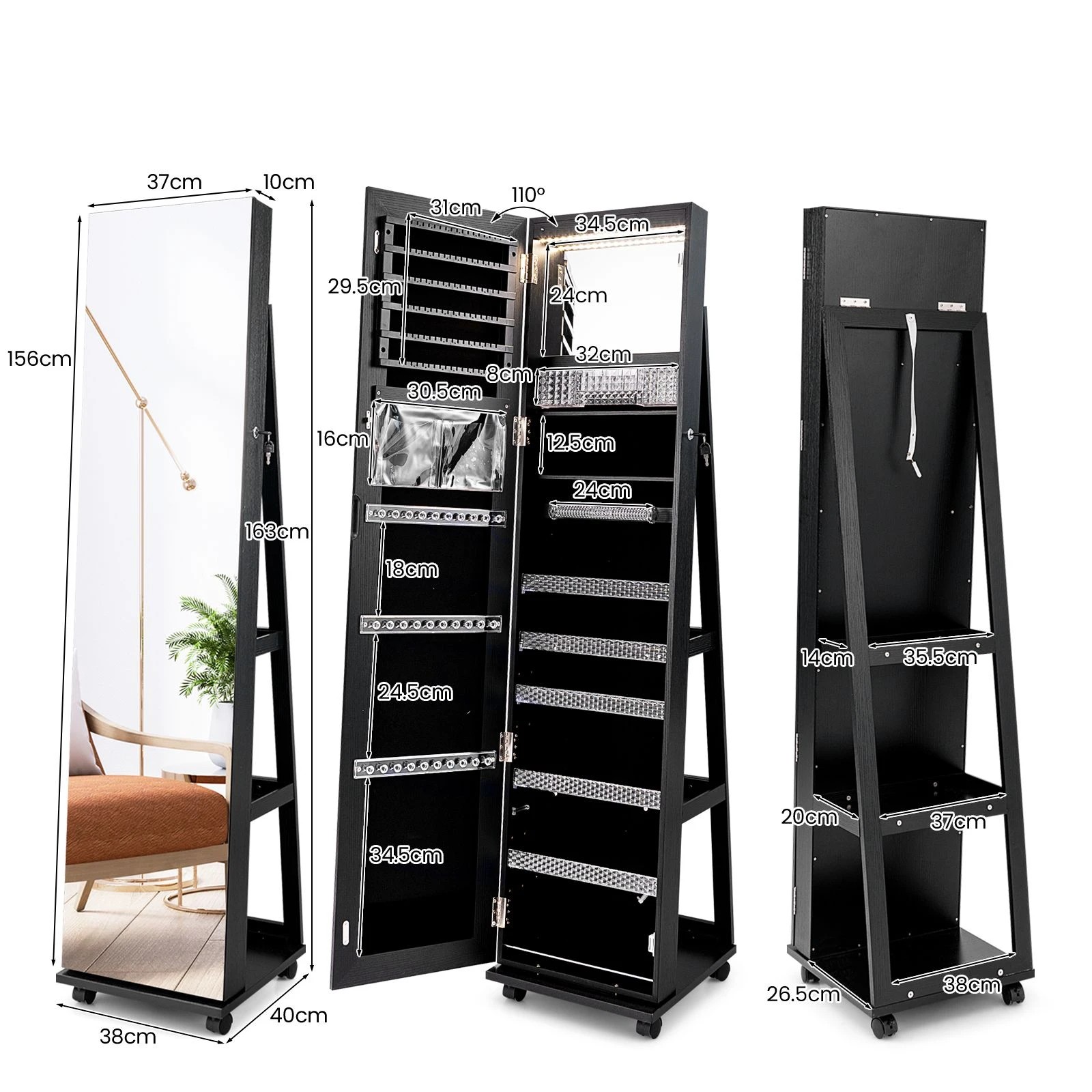 3 Costway 1.63M Mobile LED Jewelry Cabinet Full-Length Makeup Mirror Storage Organizer - Black, 3 of 4