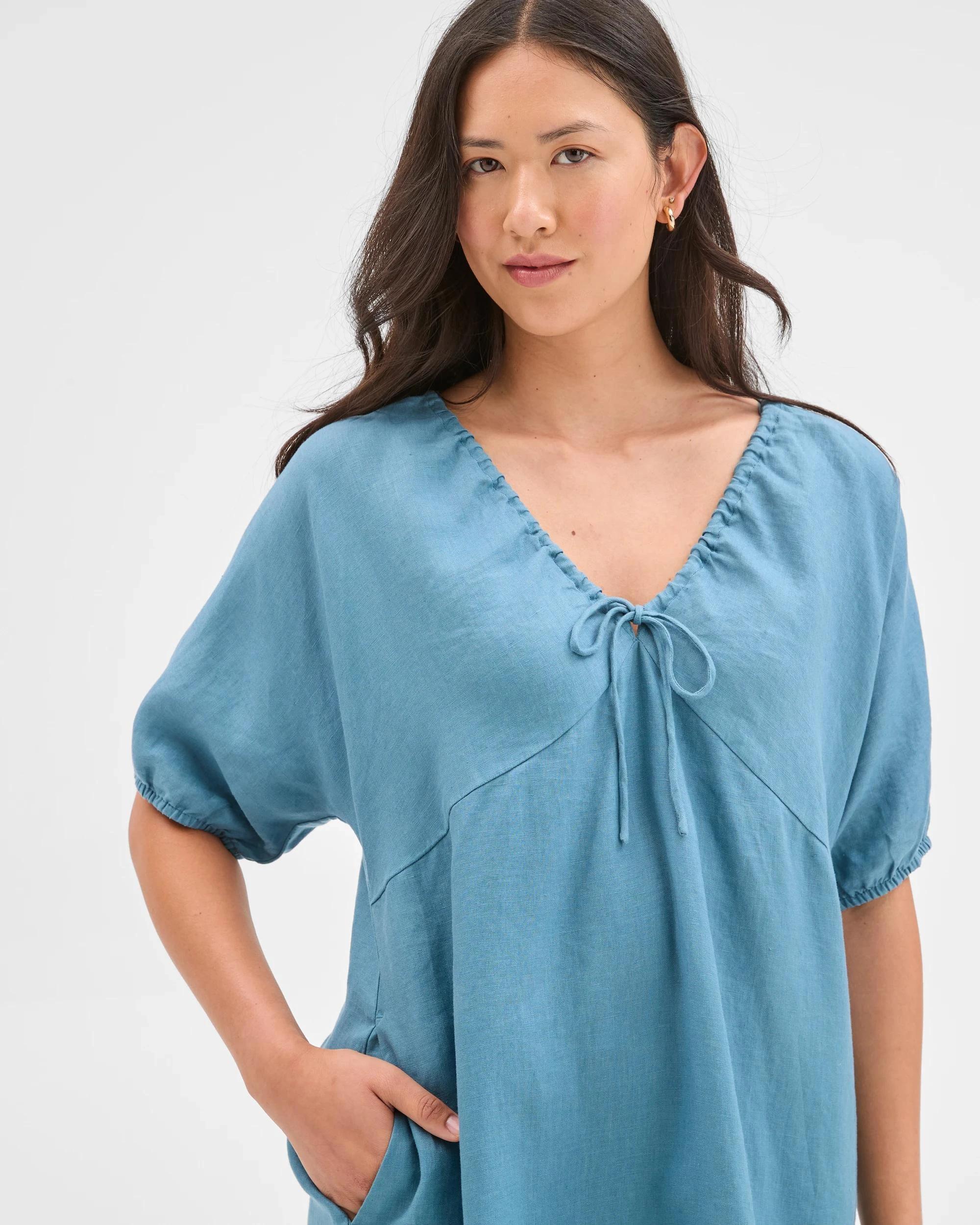 3 Target Woman European Linen Tie Mini Dress SEA TEAL, 3 of 5