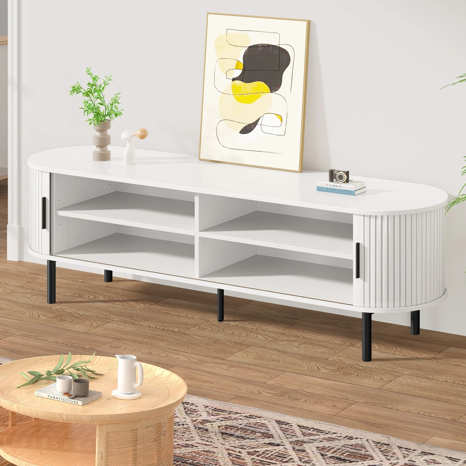 6 Alfordson Entertainment Unit TV Cabinet Stand 160cm Tambour Sliding Doors - White, 6 of 10