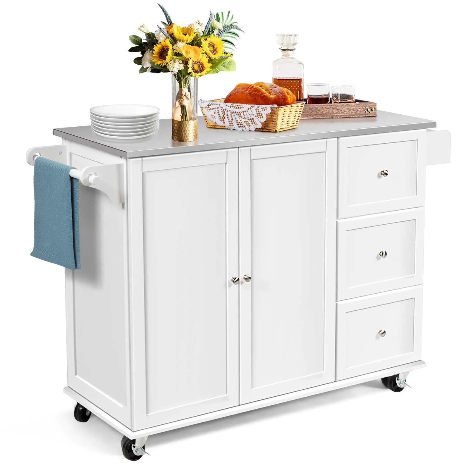 1 Costway Kitchen Trolley Cart Stainless Steel Rolling Serving Cart Shlef w/Drawers - White, 1 of 3