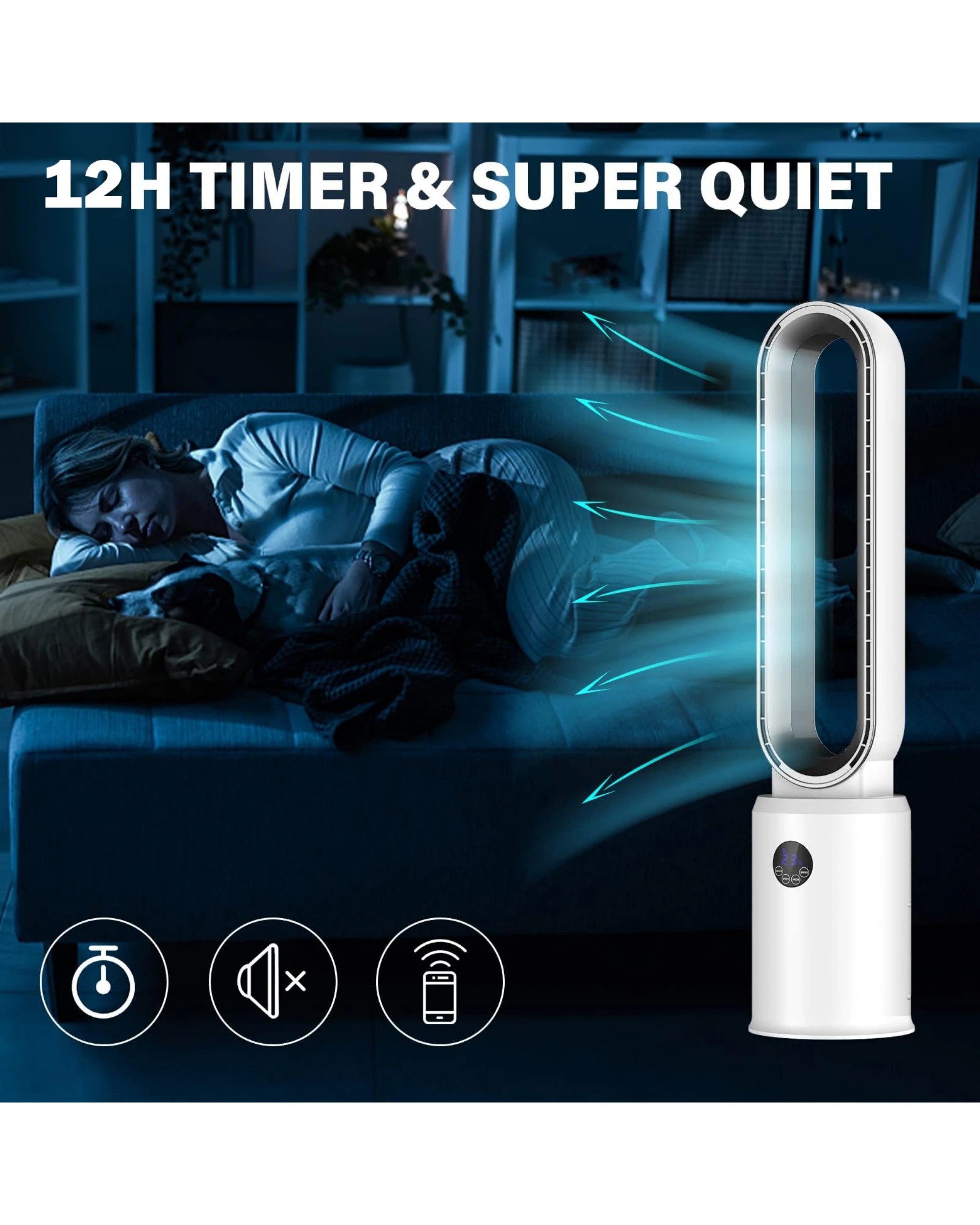 4 Advwin Bladeless Tower Fan Portable Electric Standing Floor Fan Air Circulator With Remote 24-Speeds Adjustable, White, 4 of 7