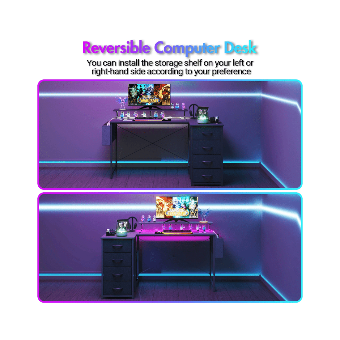 5 Advwin L Shaped Gaming Desk 140cm With Led Lights & Power Outlets Convertible Computer Desk With Monitor Stand Black, 5 of 10