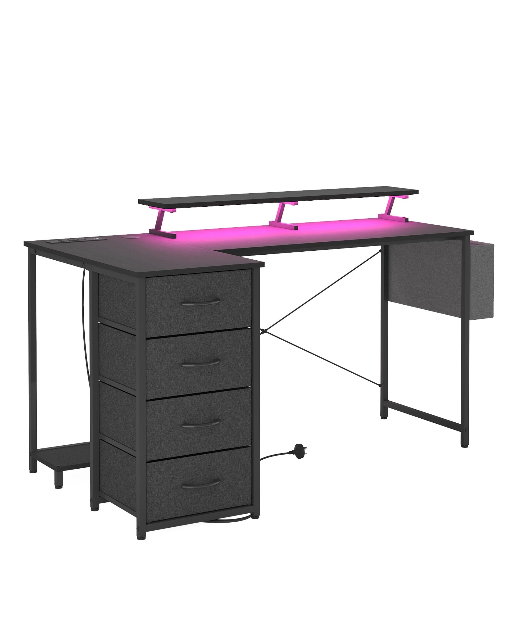 2 Advwin L Shaped Gaming Desk 140cm With Led Lights & Power Outlets Convertible Computer Desk With Monitor Stand Black, 2 of 5
