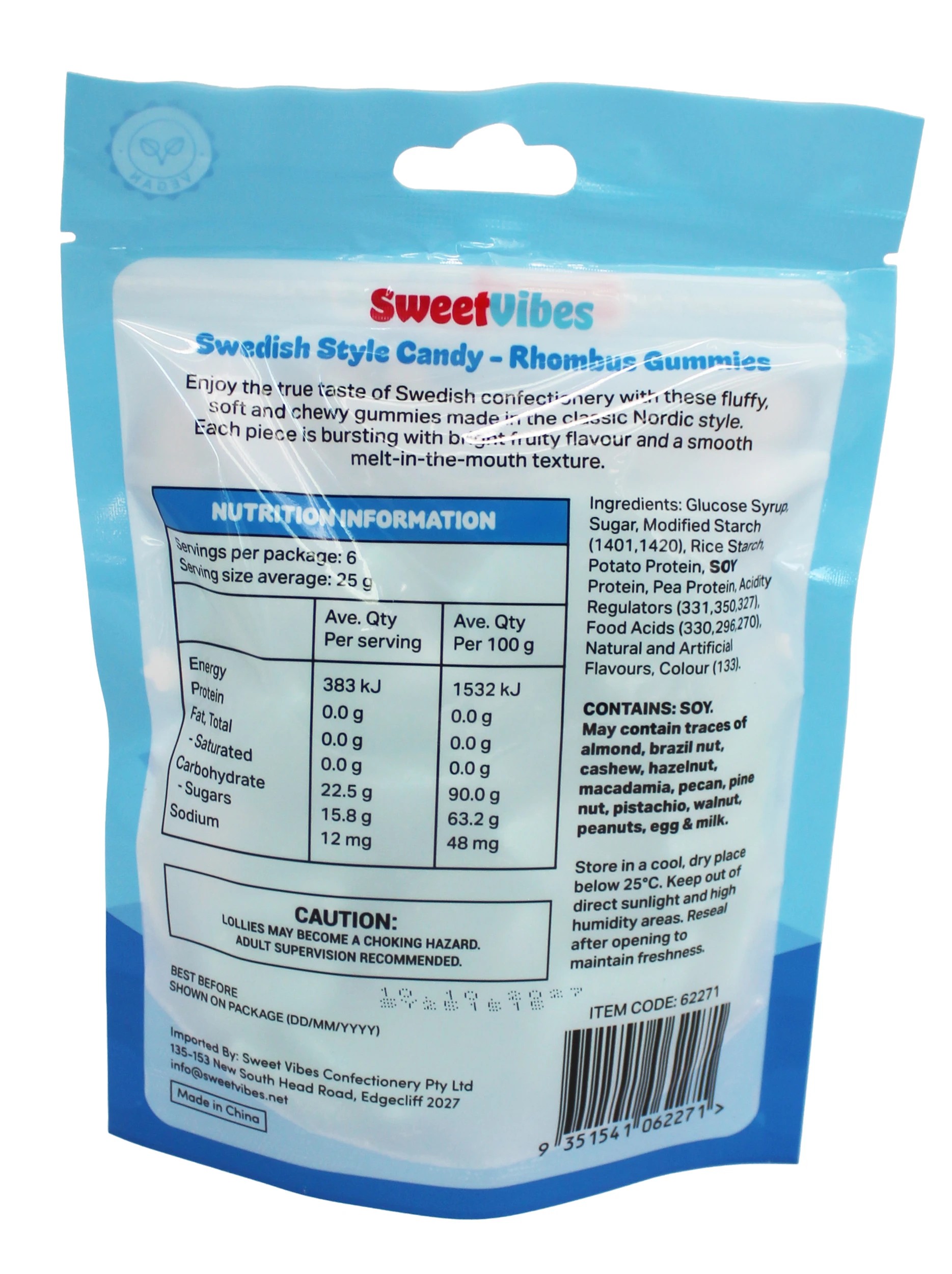 2 Sweet Vibes Swedish Style Candy Rhombus Gummies 150g - Sour Blue Raspberry, 2 of 2