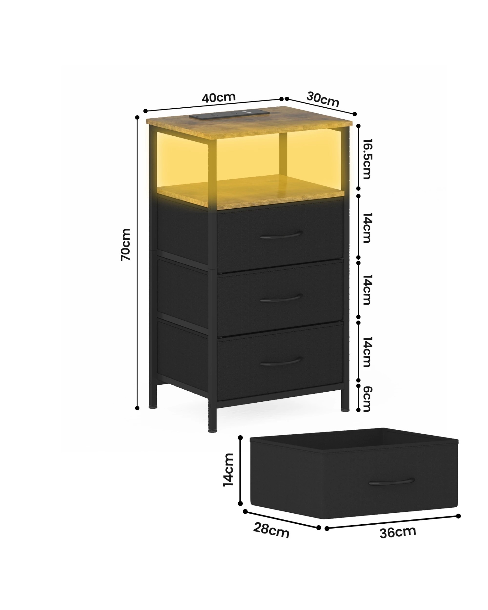 3 Advwin Led Bedside Table with Charging Station 3 Fabric Drawers - Brown, 3 of 5