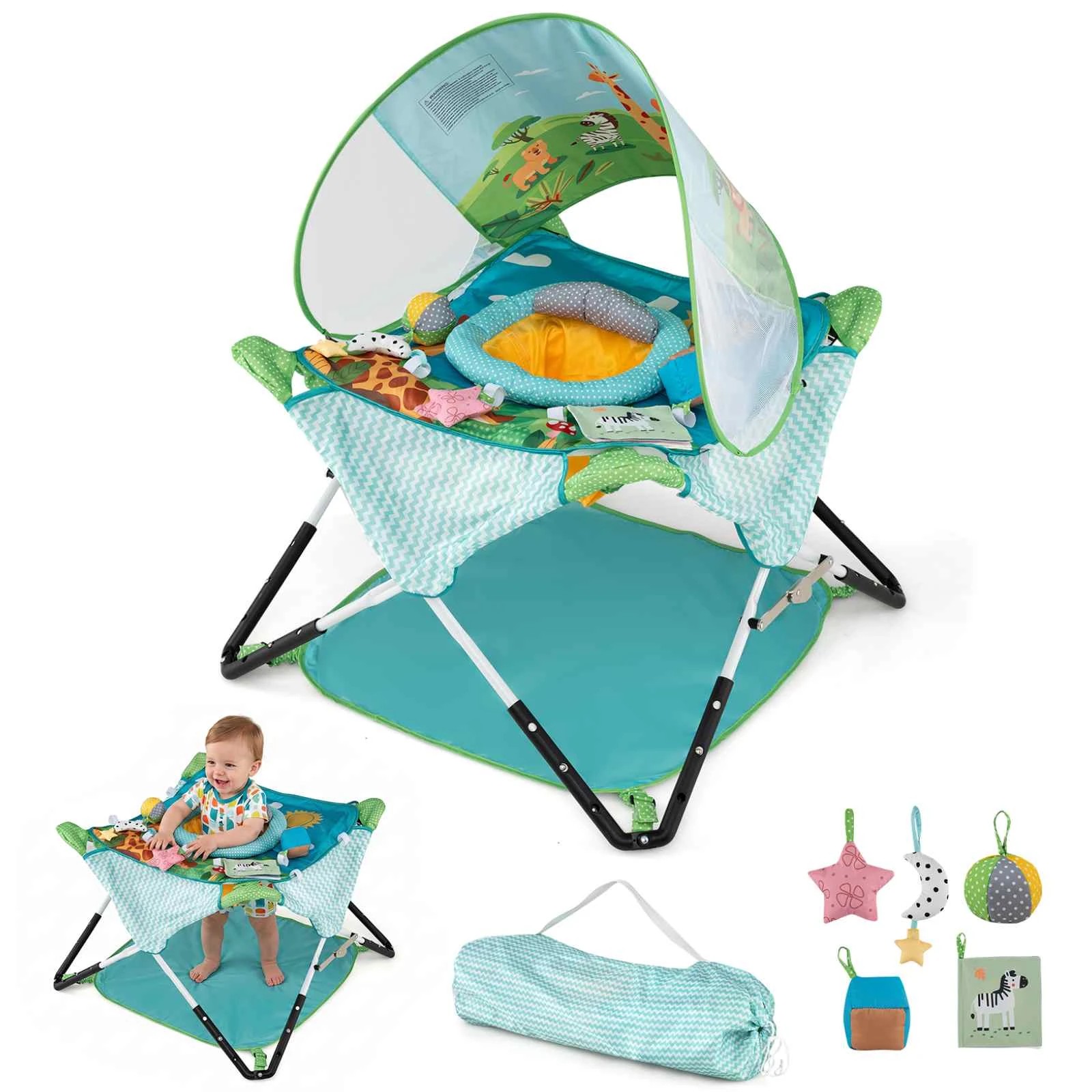 1 Costway Foldable Baby Jumper Chair Portable Activity Center w/5 Toys & Carry Bag - Blue, 1 of 4