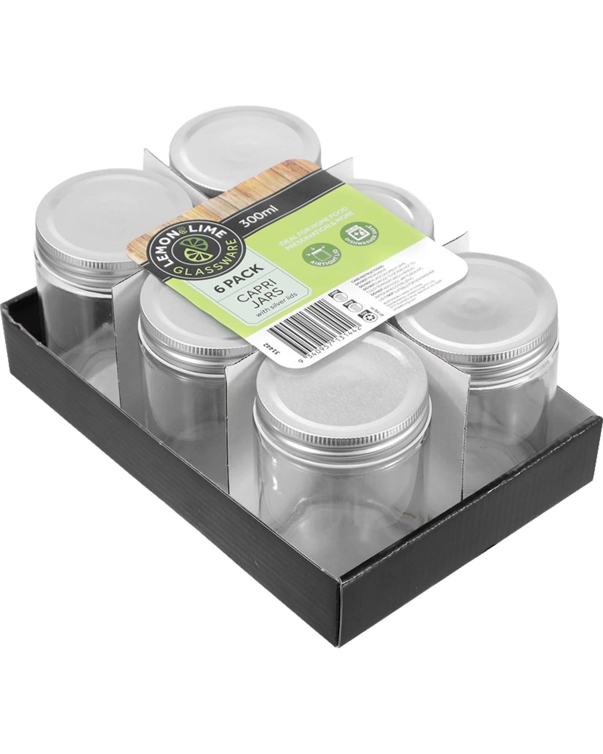 3 Lemon & Lime Capri Round Screw Top Air Tight Glass Preserving Jars 300ml Pack of 6 - Clear, Silver, 3 of 3