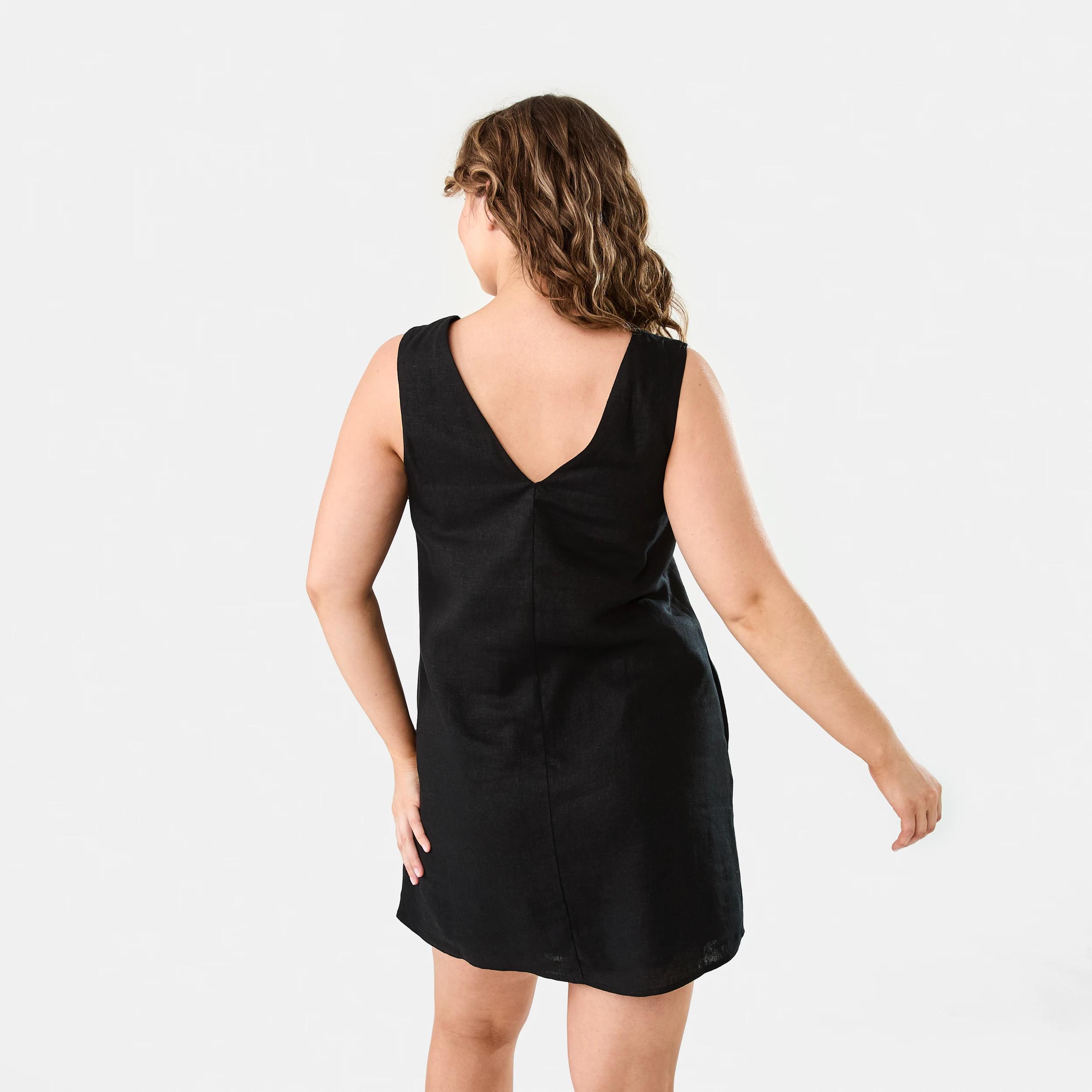 4 Sleeveless V-neck Linen Blend Button Mini Dress Black, 4 of 9